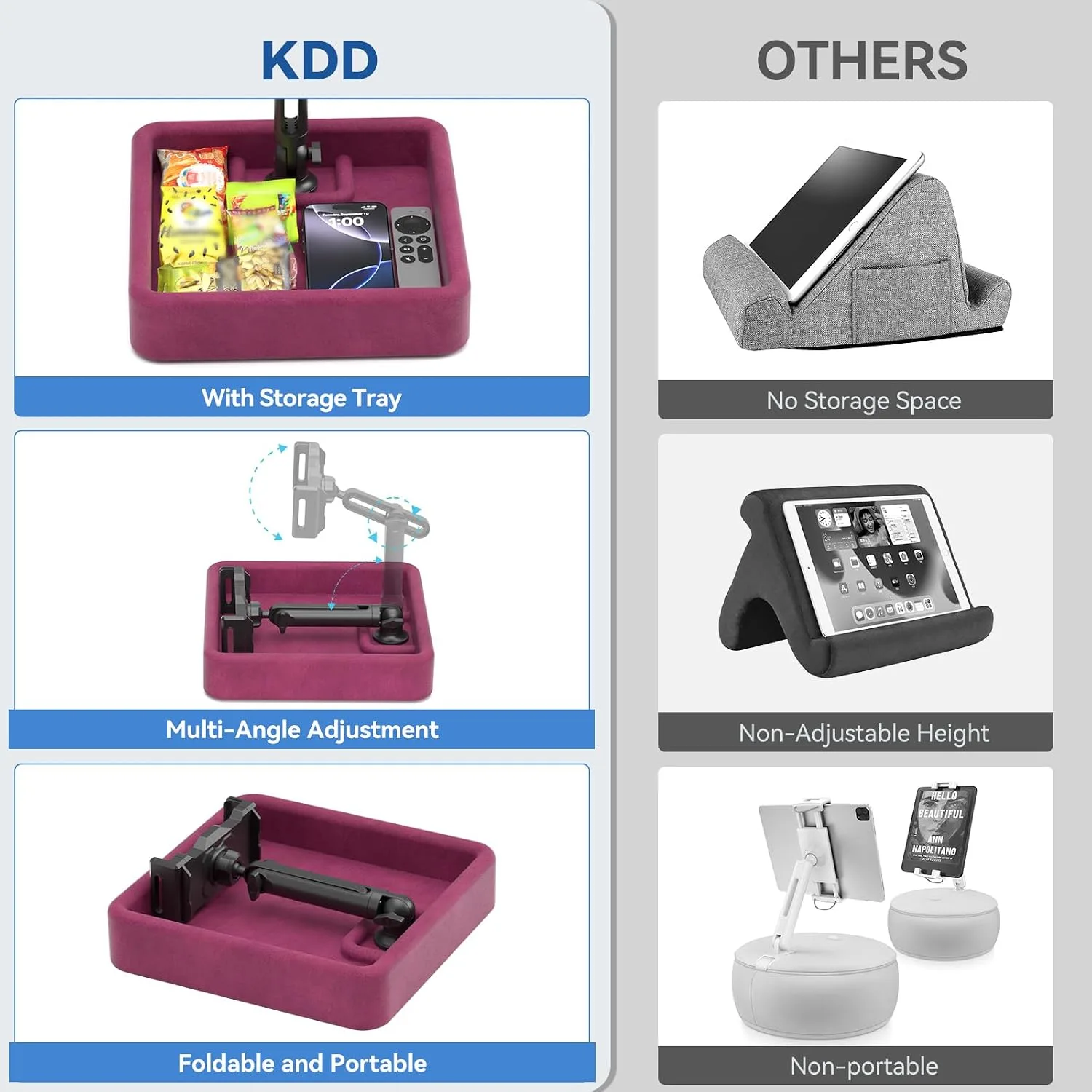 KDD Tablet Pillow Stand - Multi-Angle Adjustable iPad Holder for Lap, Bed and Desk - Foldable Kindle Soft Pad Dock with Storage Tray Compatible with iPad Pro 12.9, Air Mini, Phone, E-Reader
