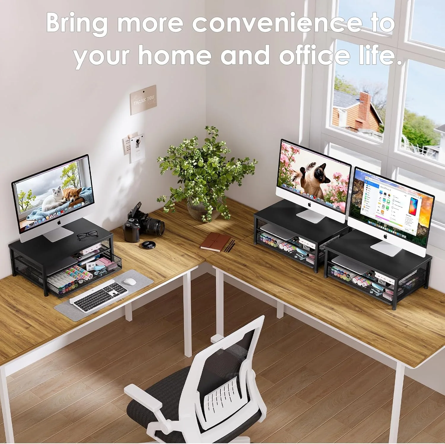 OPNICE Computer Monitor Stand Riser, Desk Organizer with Drawer, Printer & Laptop Stand, Office Desk Accessories & Workspace Desktop Organizers Storage for Office Supplies(Black 2-Pack)