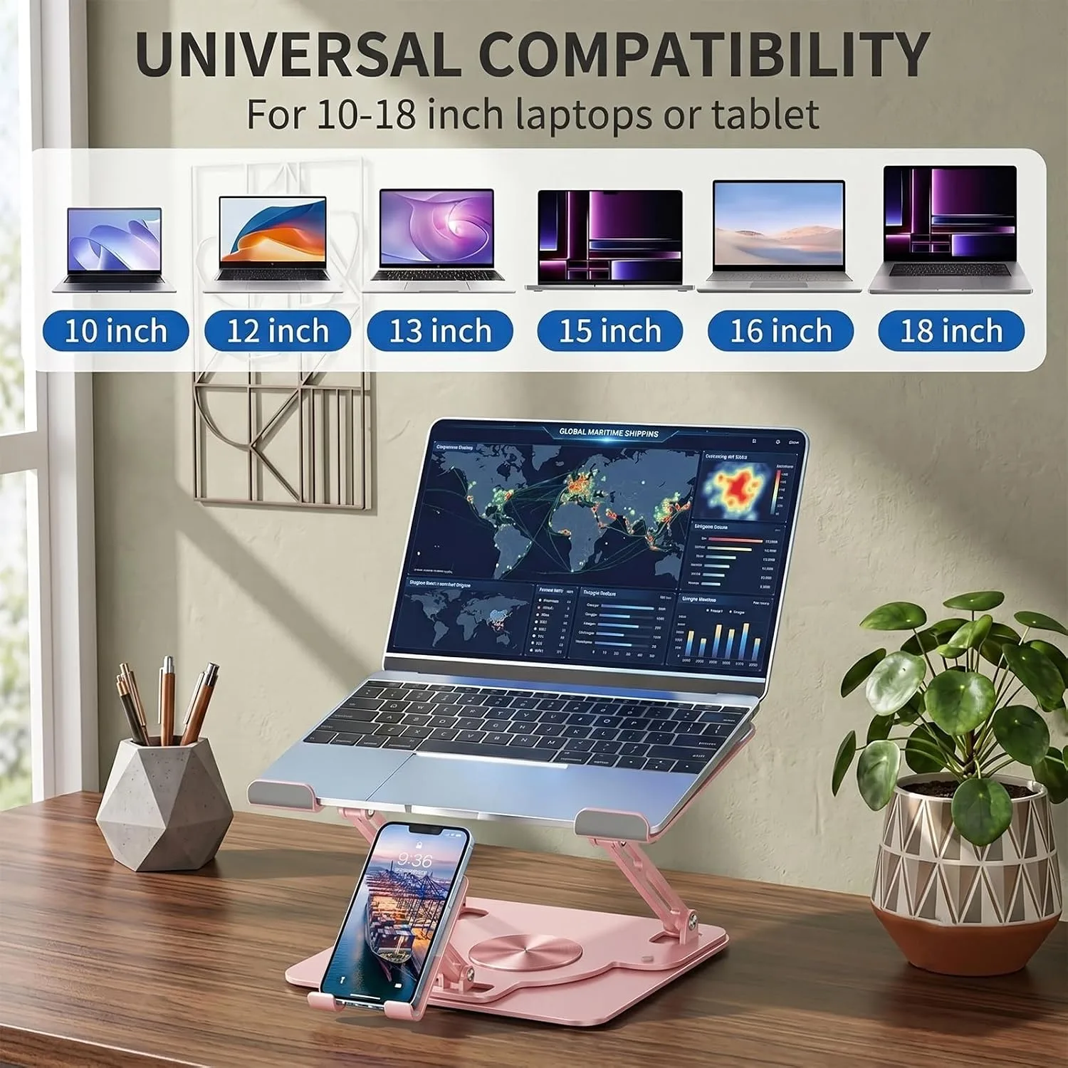 Adjustable 360°Rotating Laptop Stand, 2-in-1 Ergonomic Carbon Steel Laptop Riser with Detachable Phone Holder, Hollow Cooling Notebook Stand Fits 12.9-18 Inch Laptops (Pink)