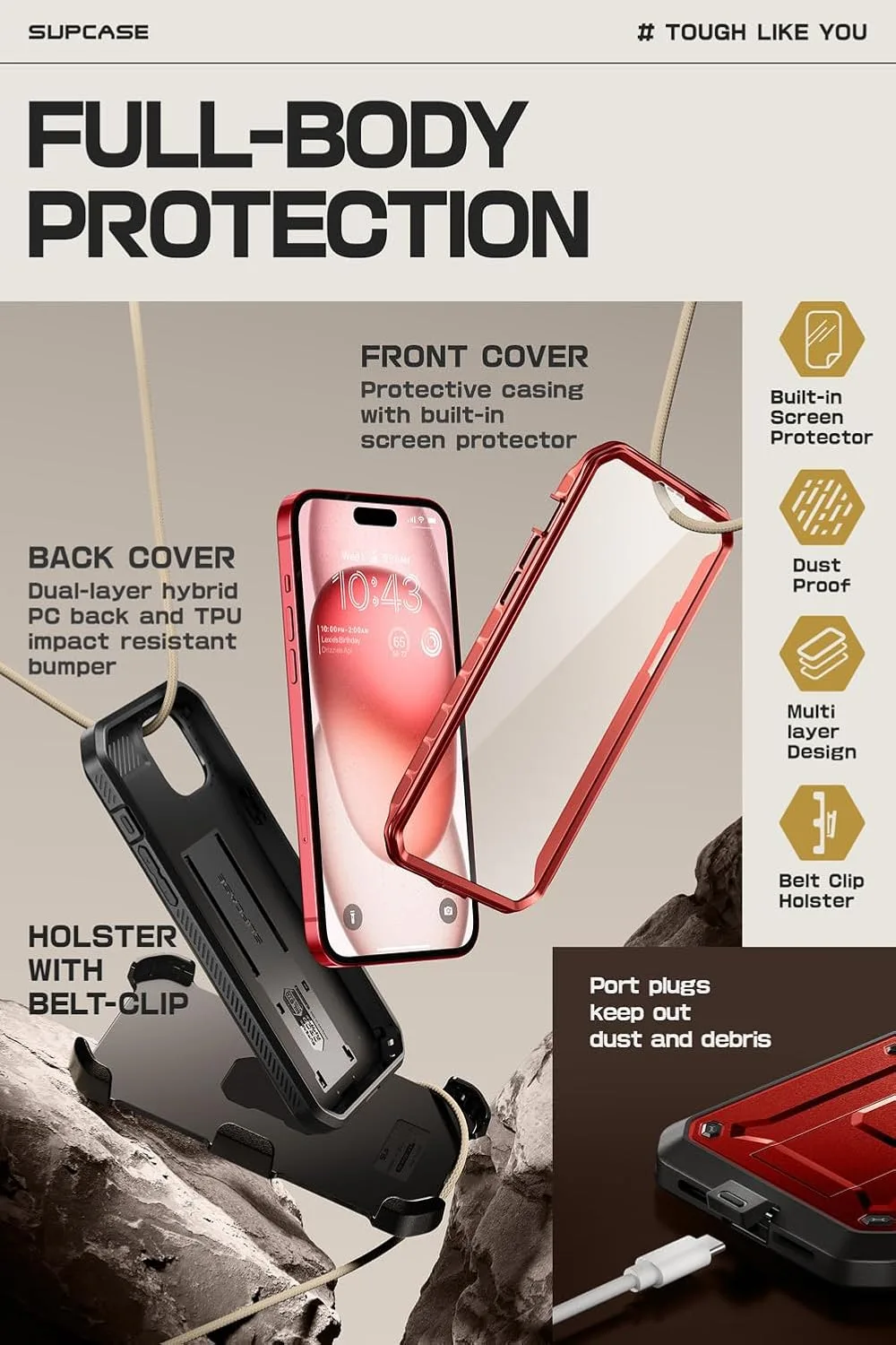SUPCASE for iPhone 15 Case with Kickstand & Screen Protector, Red