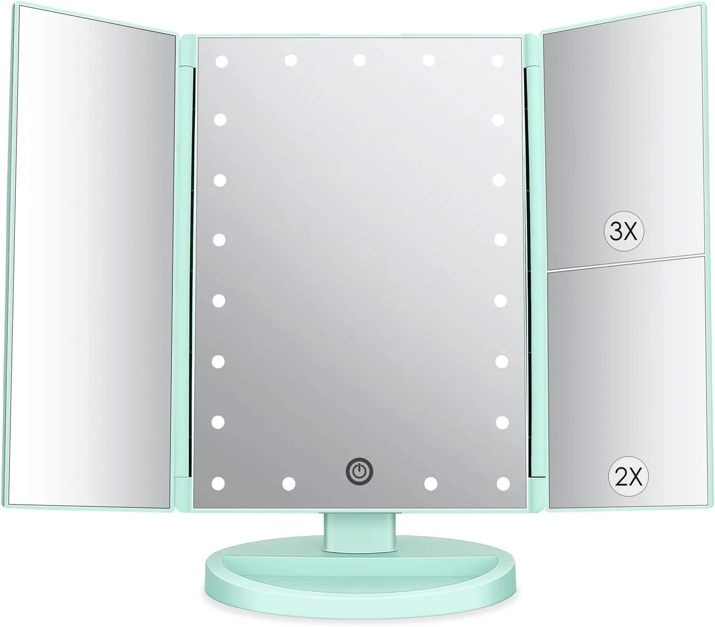 deweisn Tri-Fold Lighted Vanity Tabletop Mount Mirror with 21 LED Lights, Touch Screen and 3X/2X/1X Magnification, Two Power Supply Mode Make up Mirror,Travel Mirror