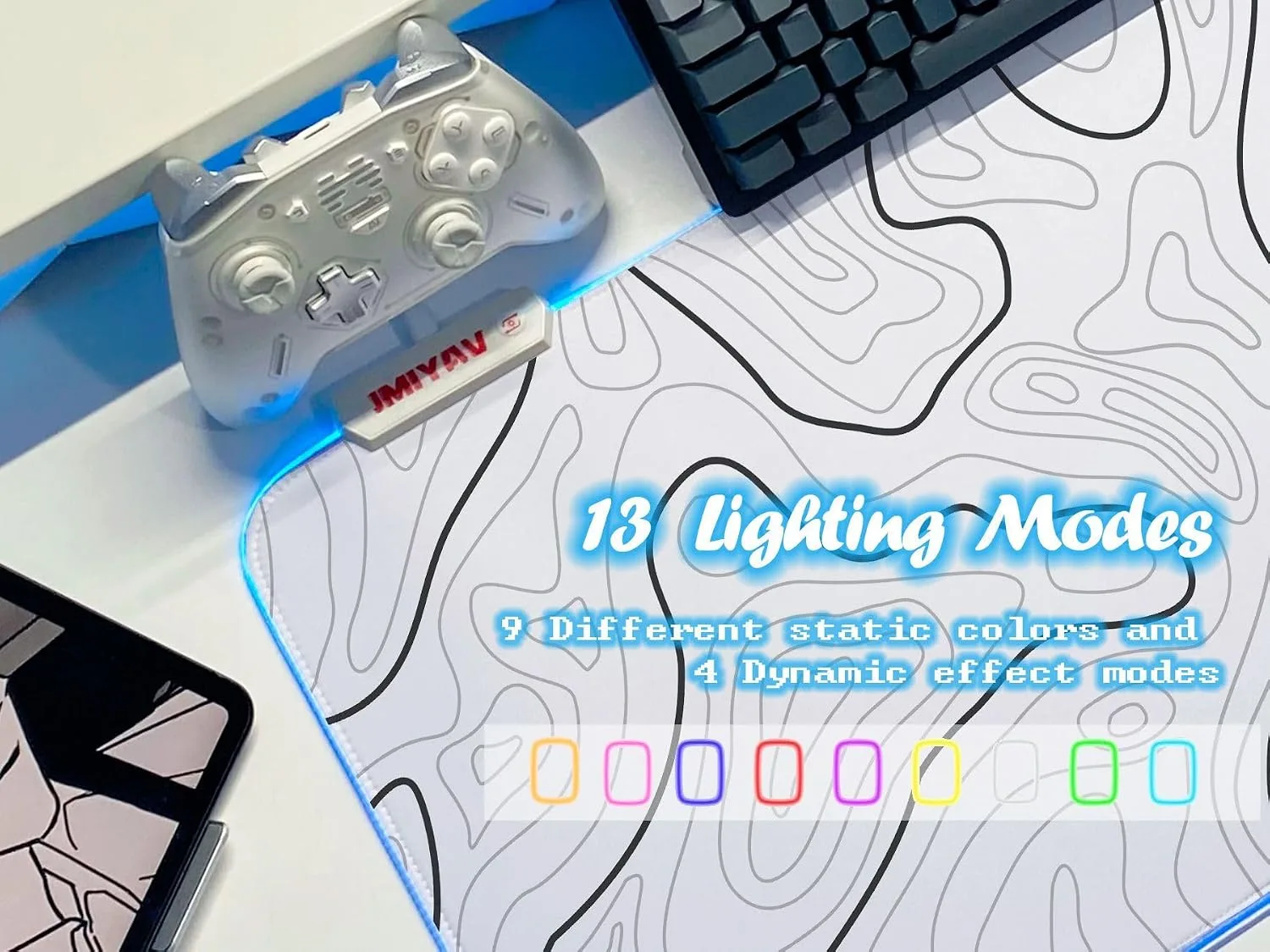 JMIYAV White Gaming Mouse Pad RGB Mousepad 31.5x12In Non-Slip Rubber Base Extra Large Cool XL XXL Computer Desk Pad Gaming Accessories Setup LED Light Up Big Mouse Pad for Gamer Topographic White