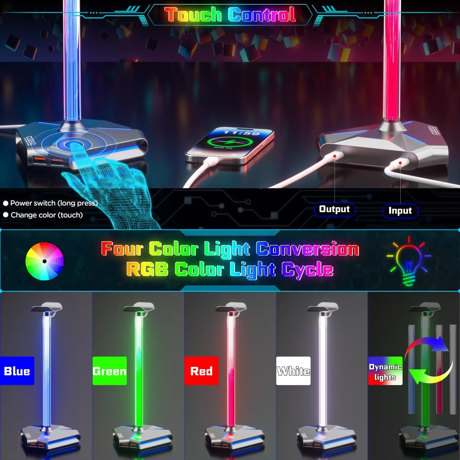 cozoo Desk headset stand Touch RGB Light Stand 4 Color Modes 2 USB Grey