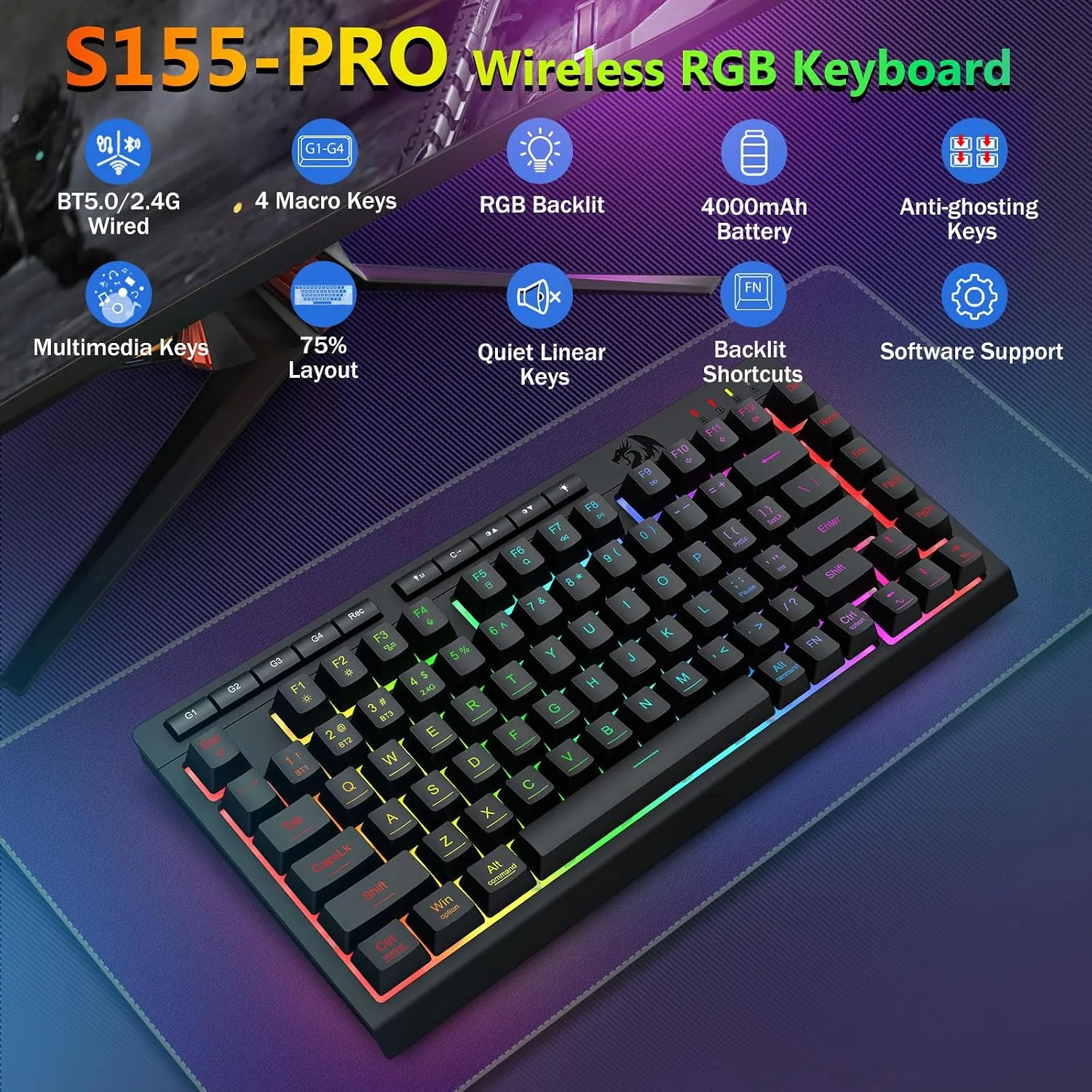 Redragon Wireless Gaming Keyboard and Mouse Combo, 75% Portable, Black