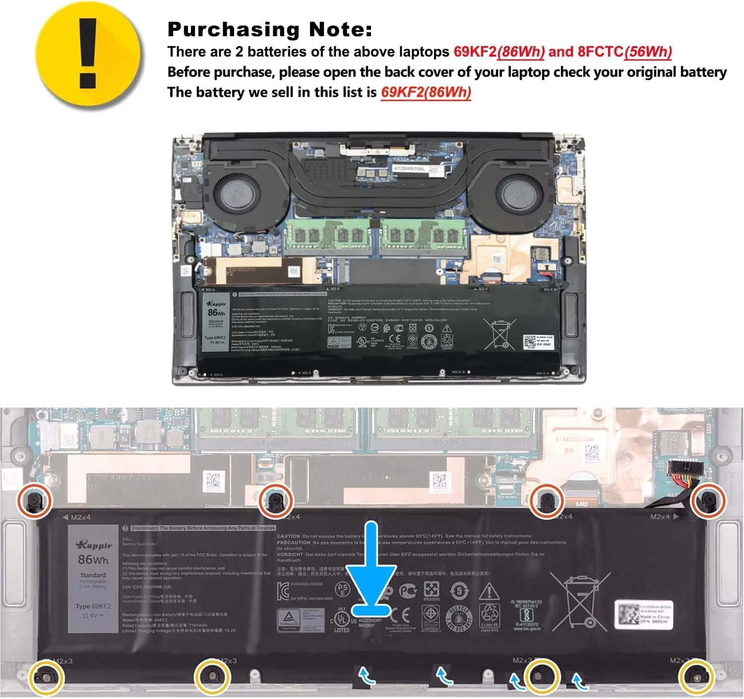 86Wh 69KF2 Laptop Battery for Dell XPS 15 9500 9510 9520 Series