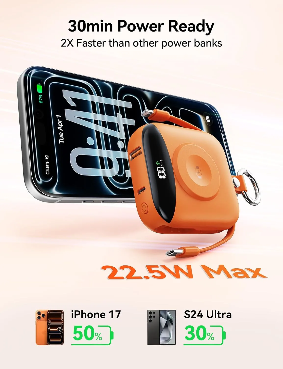 Portable Charger 10000mAh 22.5W Power Bank Built-in 2 Cables Keychain