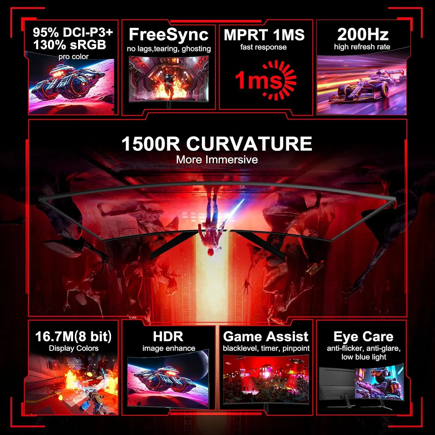 SANSUI 27 Inch Curved Gaming Monitor 200Hz 1ms FHD 1080P Computer Monitor