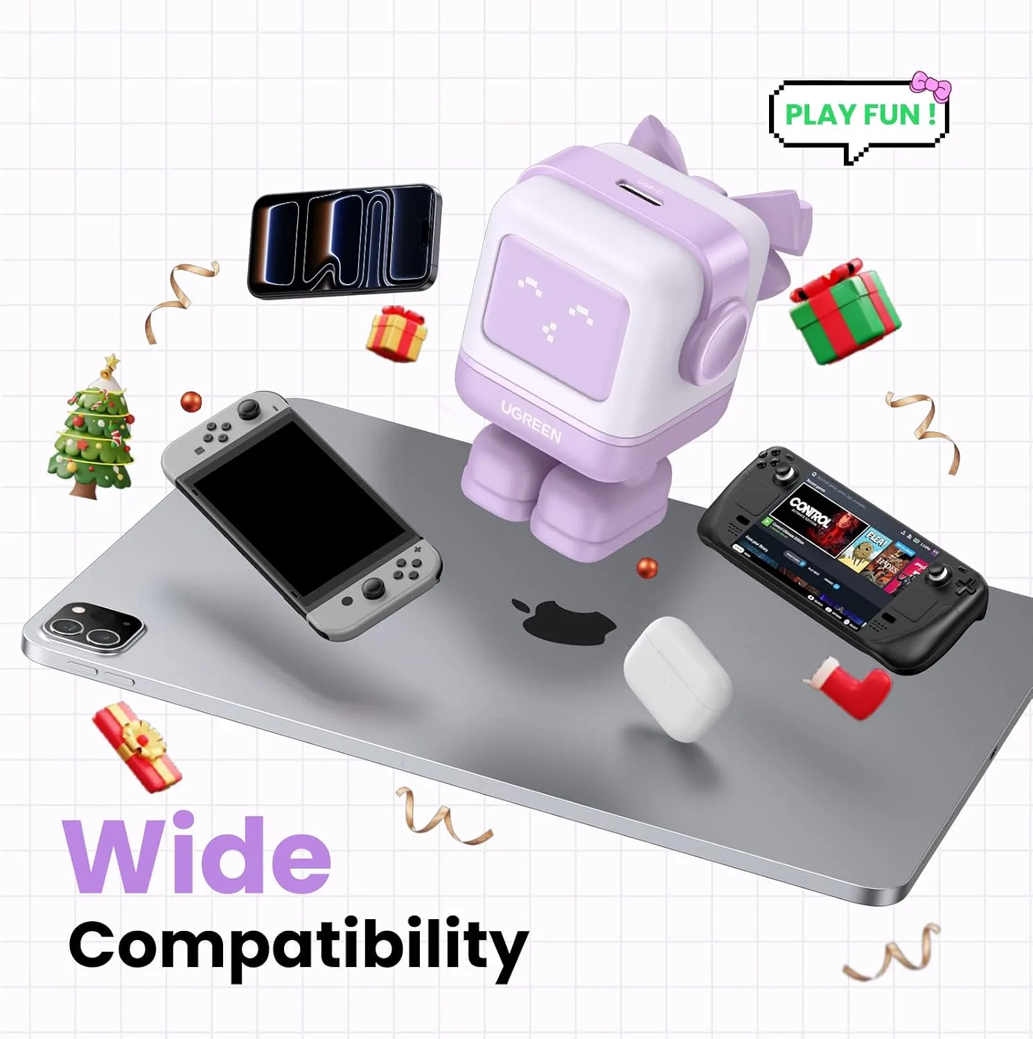 UGREEN Uno 30W USB C Charger, Compact Robot GaN Fast Charging Block, Purple