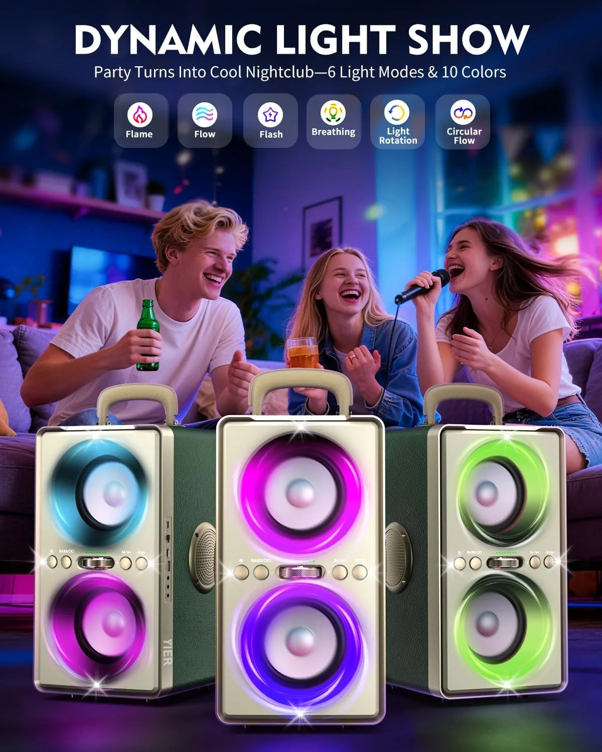 YIER Bluetooth Speaker, 240W Peak Loud Party Speaker with Deep Bass,Green