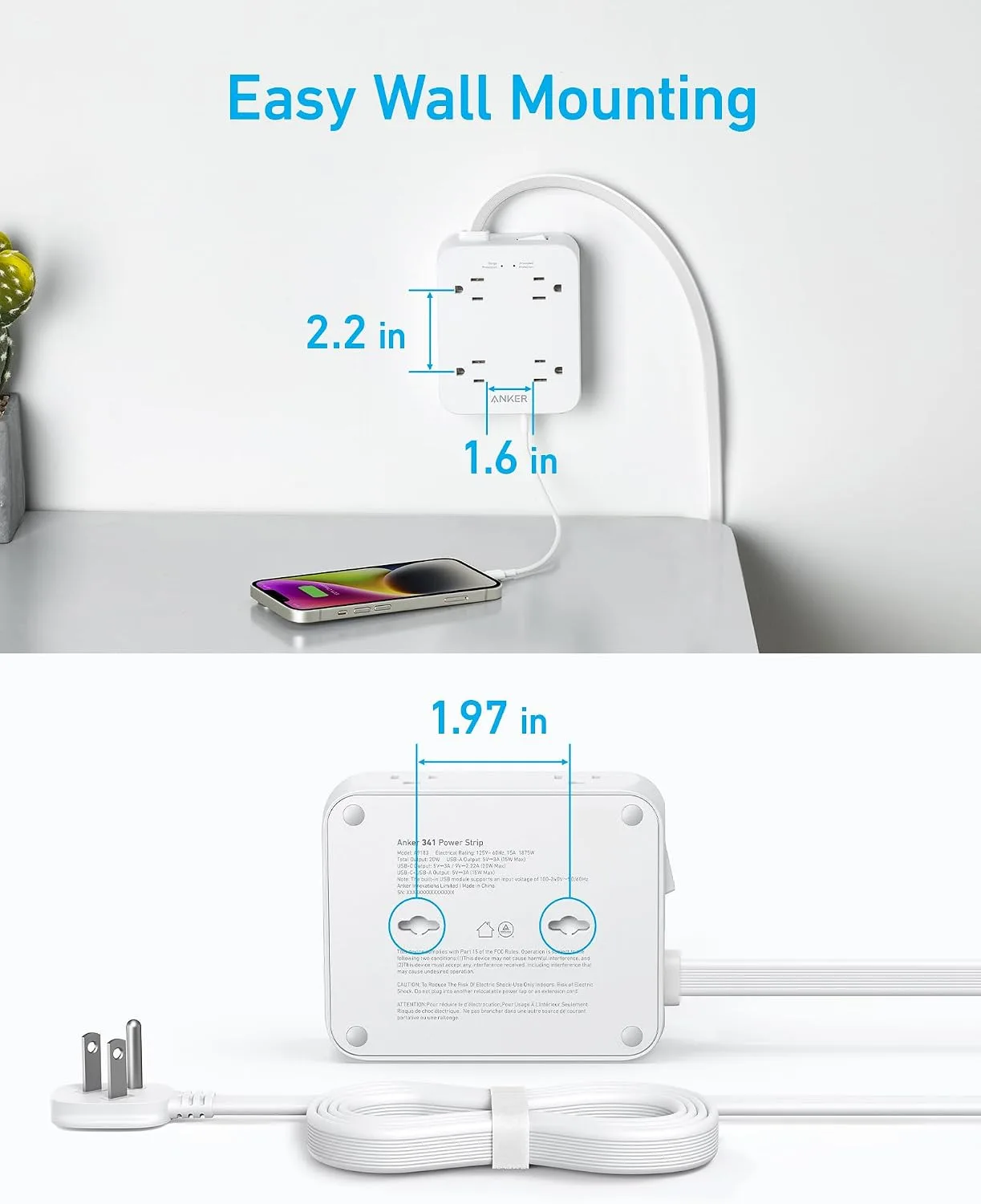 Anker Surge Protector Flat Plug Power Strip 2000J, 5ft Thin Extension Cord, 8 Outlets,2 USB A and 1 USB C Port,20W for iPhone15,Wall Mount,Compact for Home,Office,Room,TUV Listed (Pack of 2)