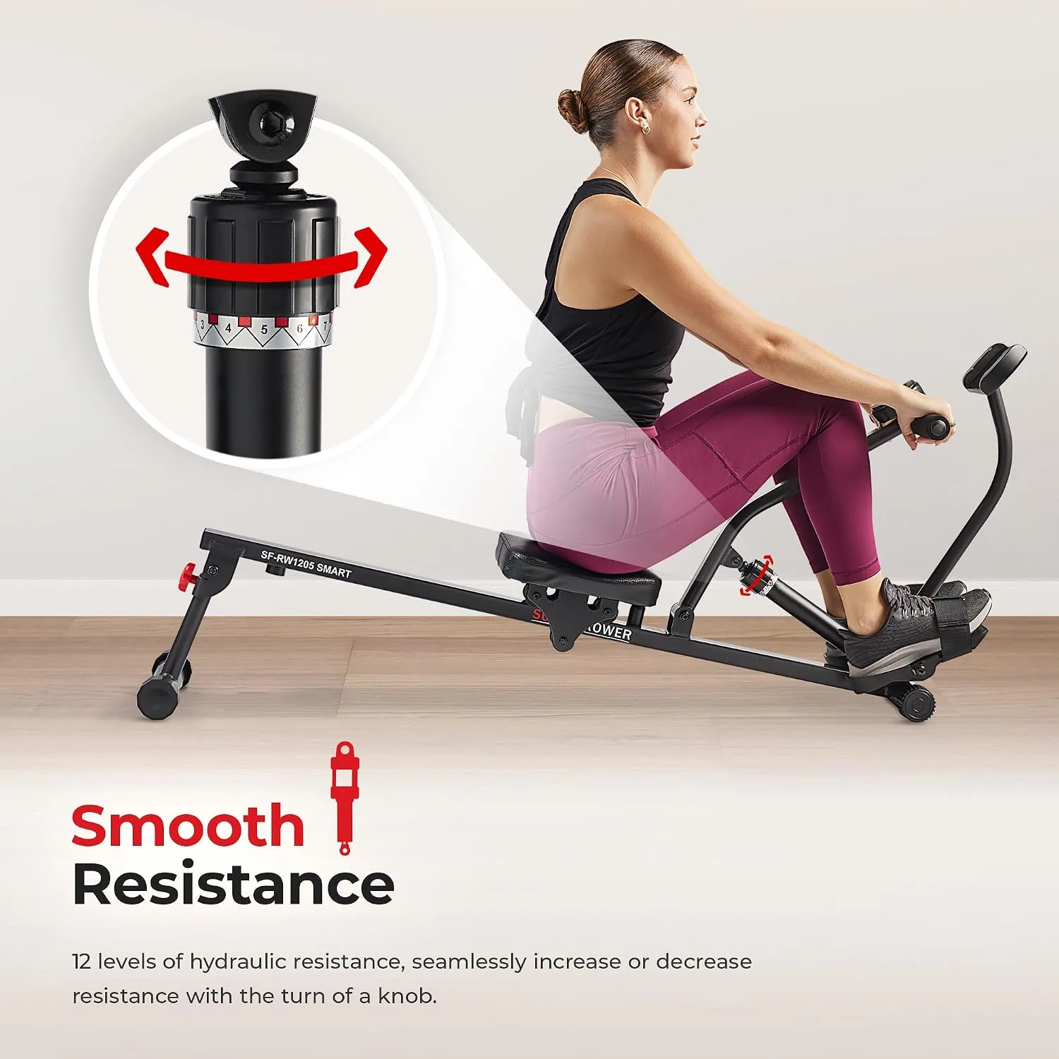 Sunny Health & Fitness Compact Hydraulic Rower with 12-Level Resistance