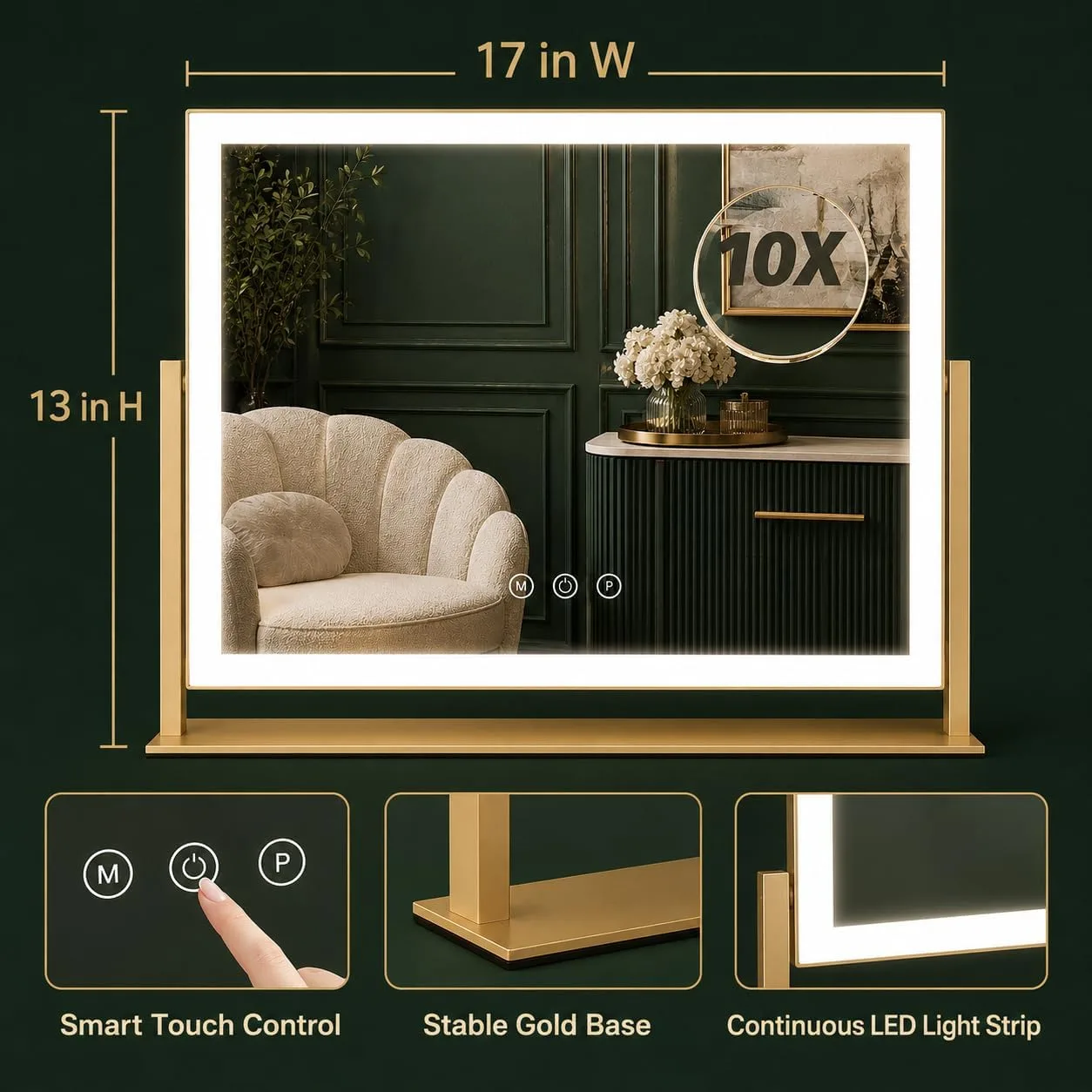 FENNIO Vanity Mirror with Lights 13'' x 17'' Makeup Mirror with Lights,Vanity Mirror Touch Screen with 3-Color Lighting,Dimmable,for Vanity Desk Bedroom Gold