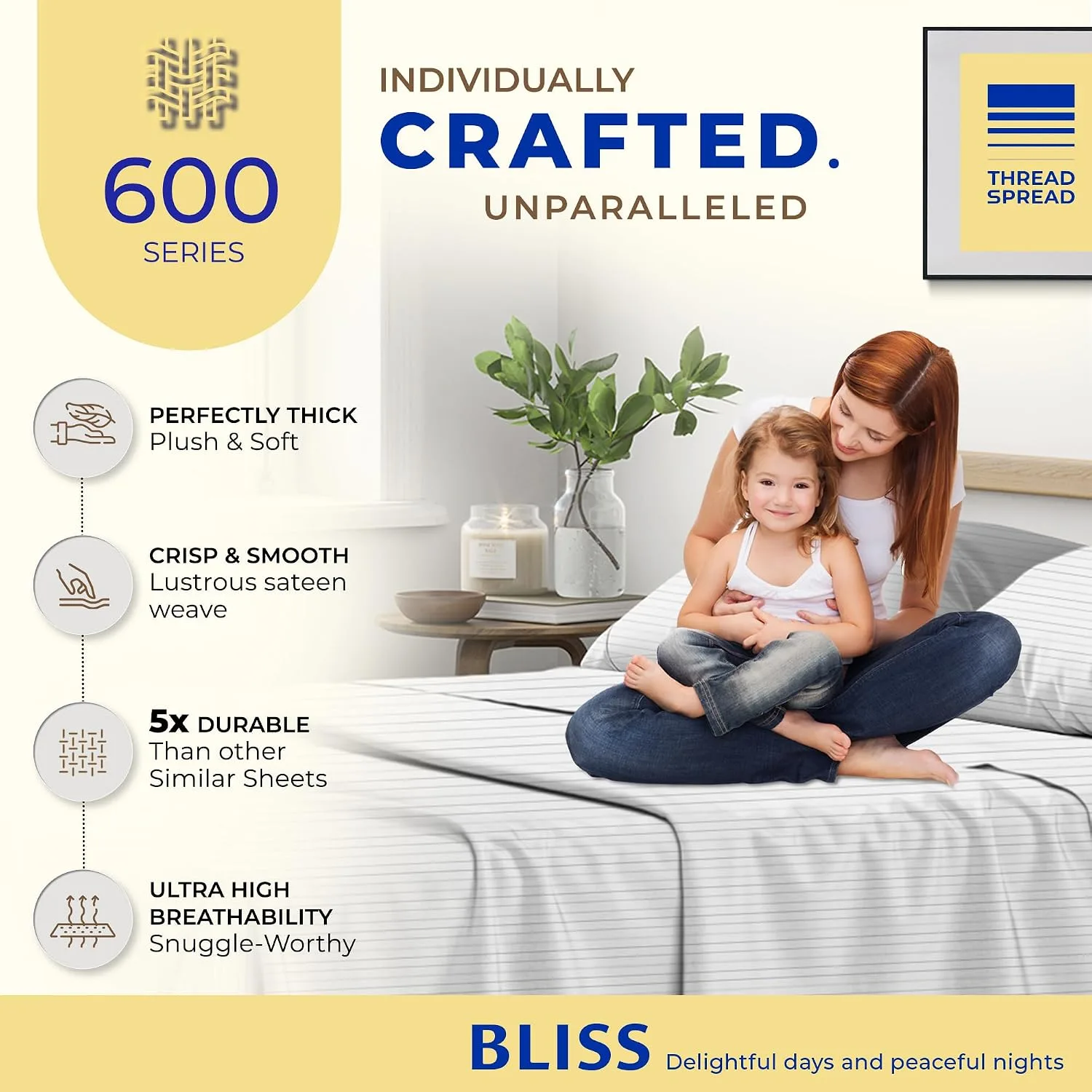 THREAD SPREAD Egyptian Cotton Sheets King Size - Luxury 600 Series King Size Sheets Set (4 PC, Pinstripe - Light Grey), 16" Deep Pocket All Around Elastic, Soft, Sateen, Durable Hotel Bed Sheet Sets