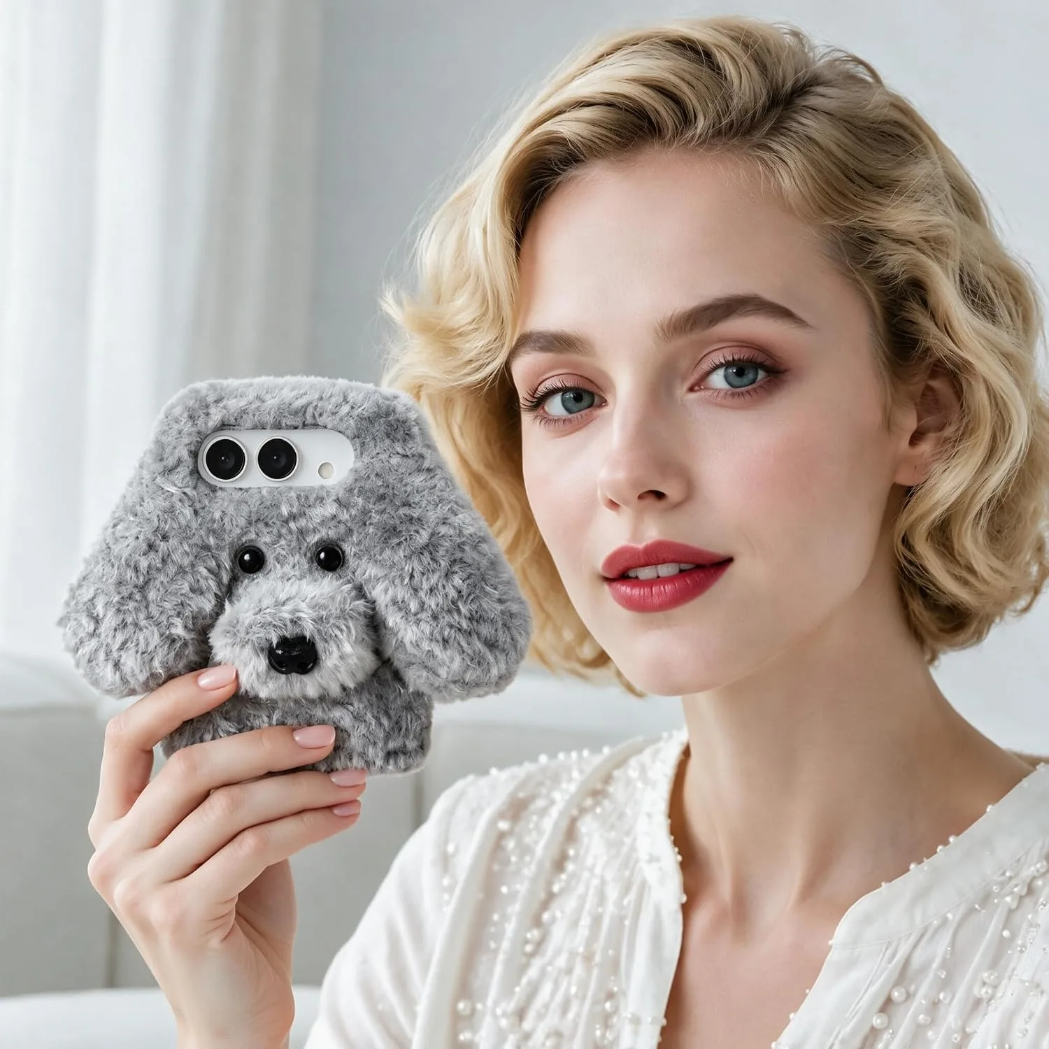Losin for iPhone Duo Plush Furry Dog Cartoon Case, Gray