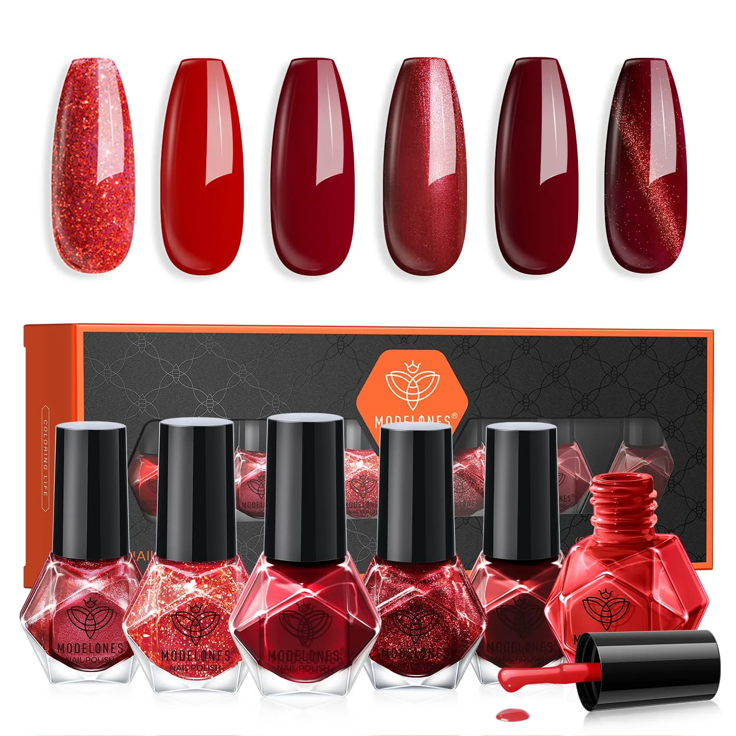 modelones Red Nail Polish, 6 Colors Dark Ruby Cherry Red Glitter Set