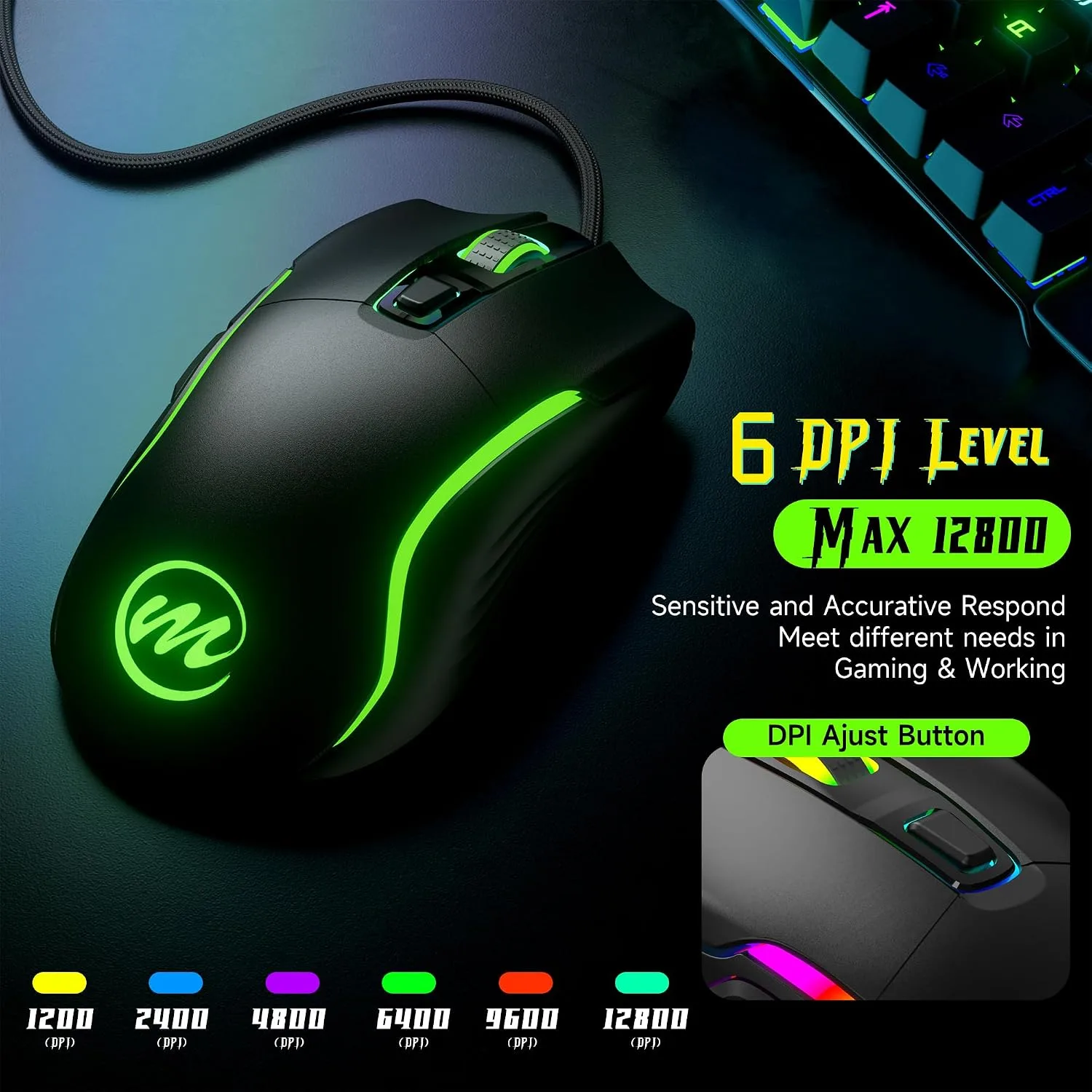 memzuoix Wired Gaming Mouse with RGB - 6 Adjustable DPI up to 12800, 6 Buttons, 12 Lighting Modes, Ergonomic Design with Anti-Slip Rubber Wheel, 5.6ft Braided Cable for PC/Mac/Windows - Black