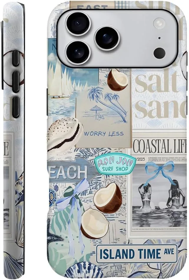 Case Compatible with iPhone 18 Pro Max/iPhone 17 Pro Max,Fall Prevention Hybrid 2-Layer Hard Shell Phone Cover for Girls Boys,Beach Coast Collage