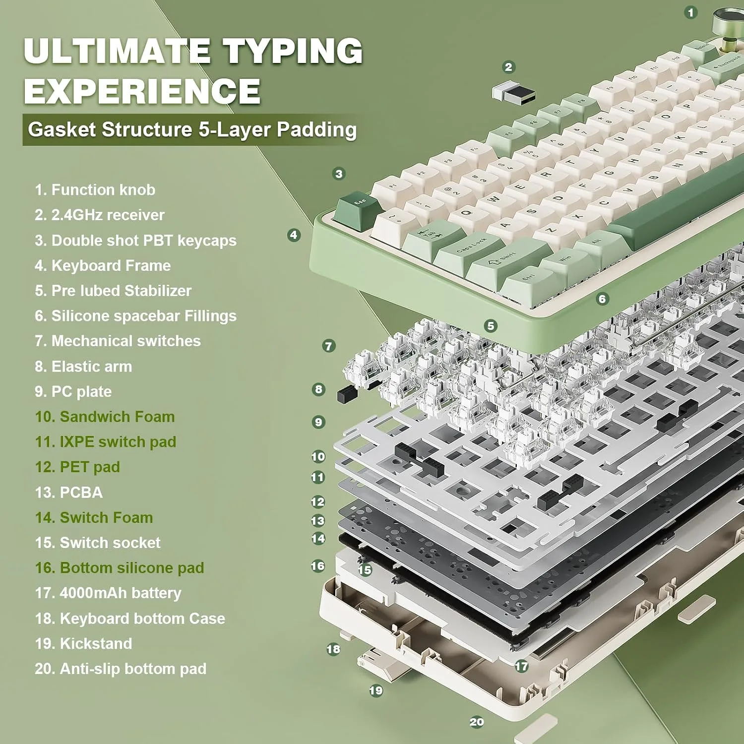 YUNZII B75 PRO 75% Wireless Mechanical Keyboard(Matcha Green,MilkV2)