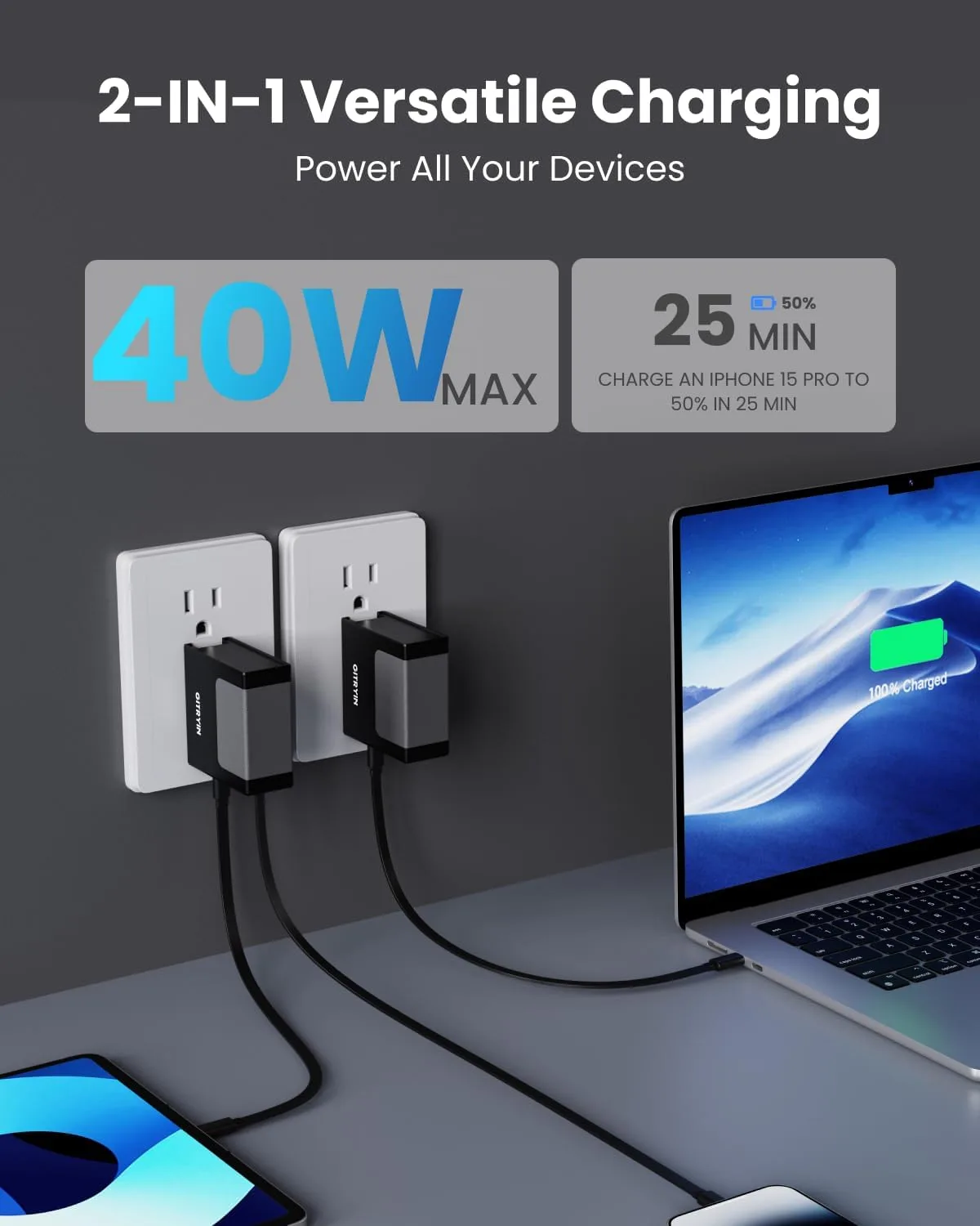 Gitryin 40W GaN Retractable USB Wall Charger, 33.5in Type-C Cable, 2 USB C