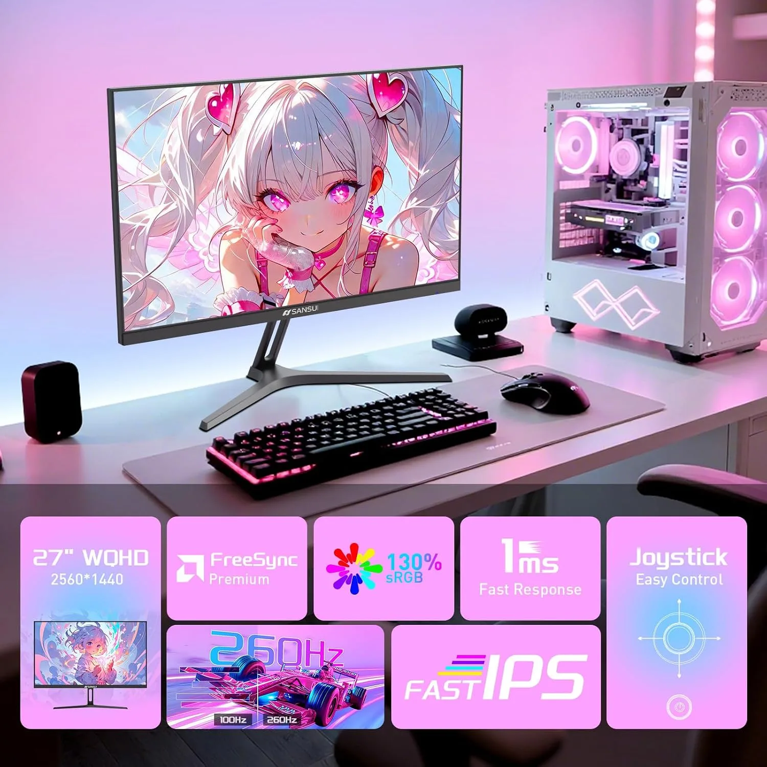 SANSUI Gaming Monitor 27" 1440p 260hz/240hz WQHD 2K - Fast IPS 1ms FreeSync Premium 丨DCI-P3 98% 丨sRGB130% 丨HDR10 丨2×DisplayPort 1.4丨2×HDMI2.0 PC Gaming Monitor with Crosshair