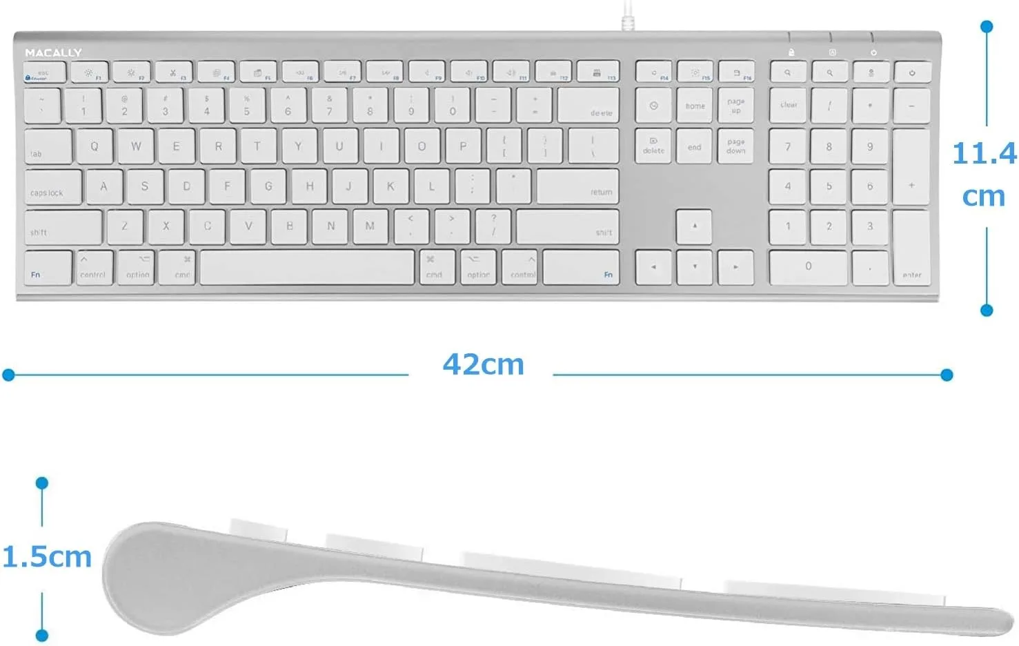 Macally Ultra Slim USB Wired Computer Keyboard - Compatible Apple Keyboard or Windows - Full Size with 20 Mac Keyboard Keys -with Numeric Keypad - Silver Aluminum Finish