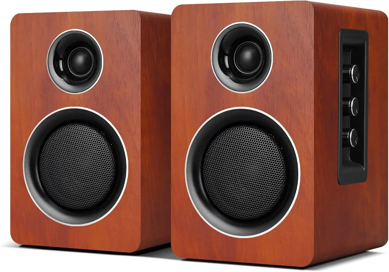 Computer Speakers, Bluetooth 5.3, USB-C, AUX/RCA, 3.5-Inch Woofer, Brown