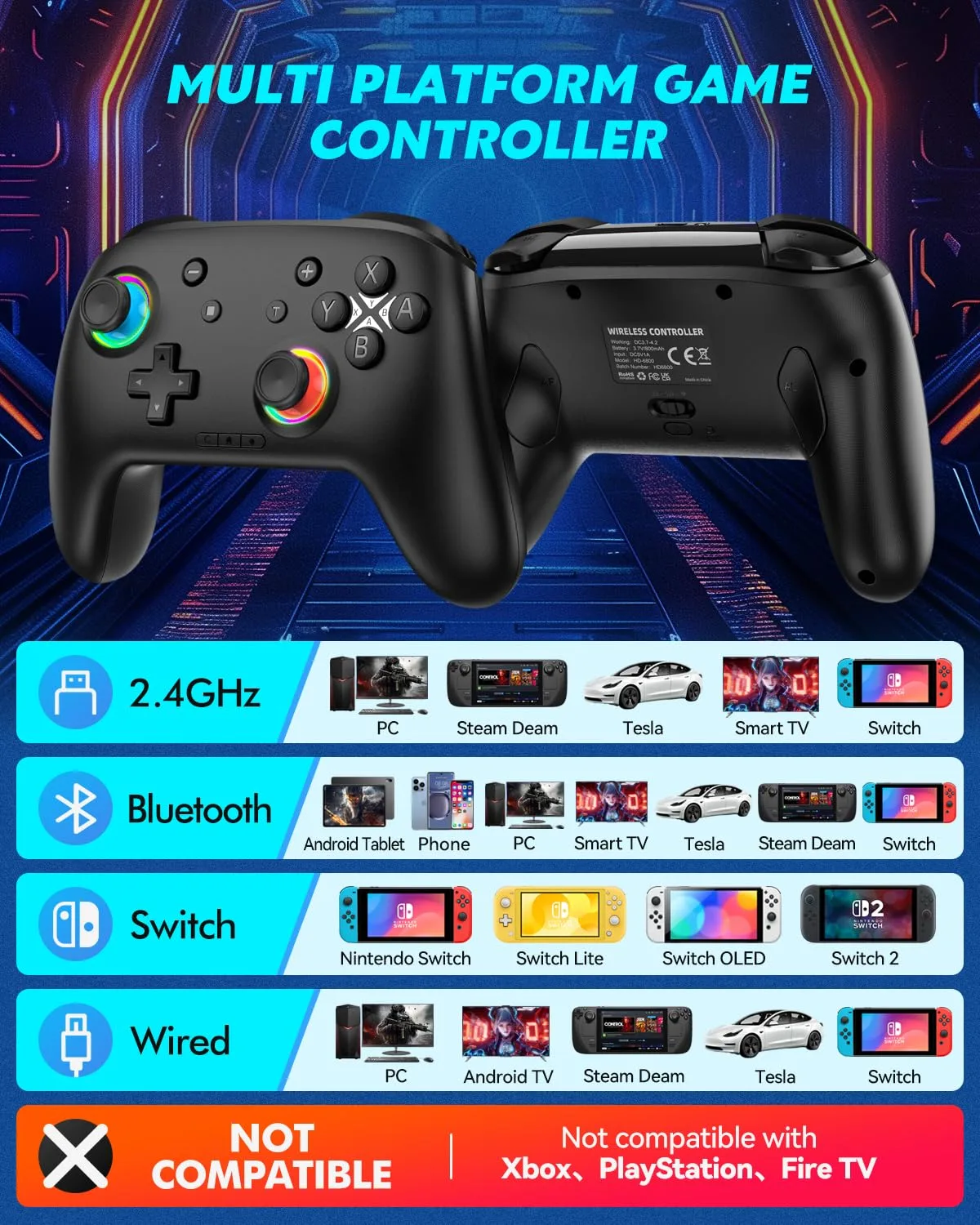 Switch Controller, Wireless Bluetooth Controller for Nintendo Switch 2/Switch/Lite/OLED, game controllers Compatible with iPhone/Mac/iPad/iOS/Android/Phone/PC/Steam and TV with Rotary Motors, RGB Hall Effect Joysticks/Macro Back Buttons/Turbo Modes/6-Axis/Motion/Wake up (Light Black)