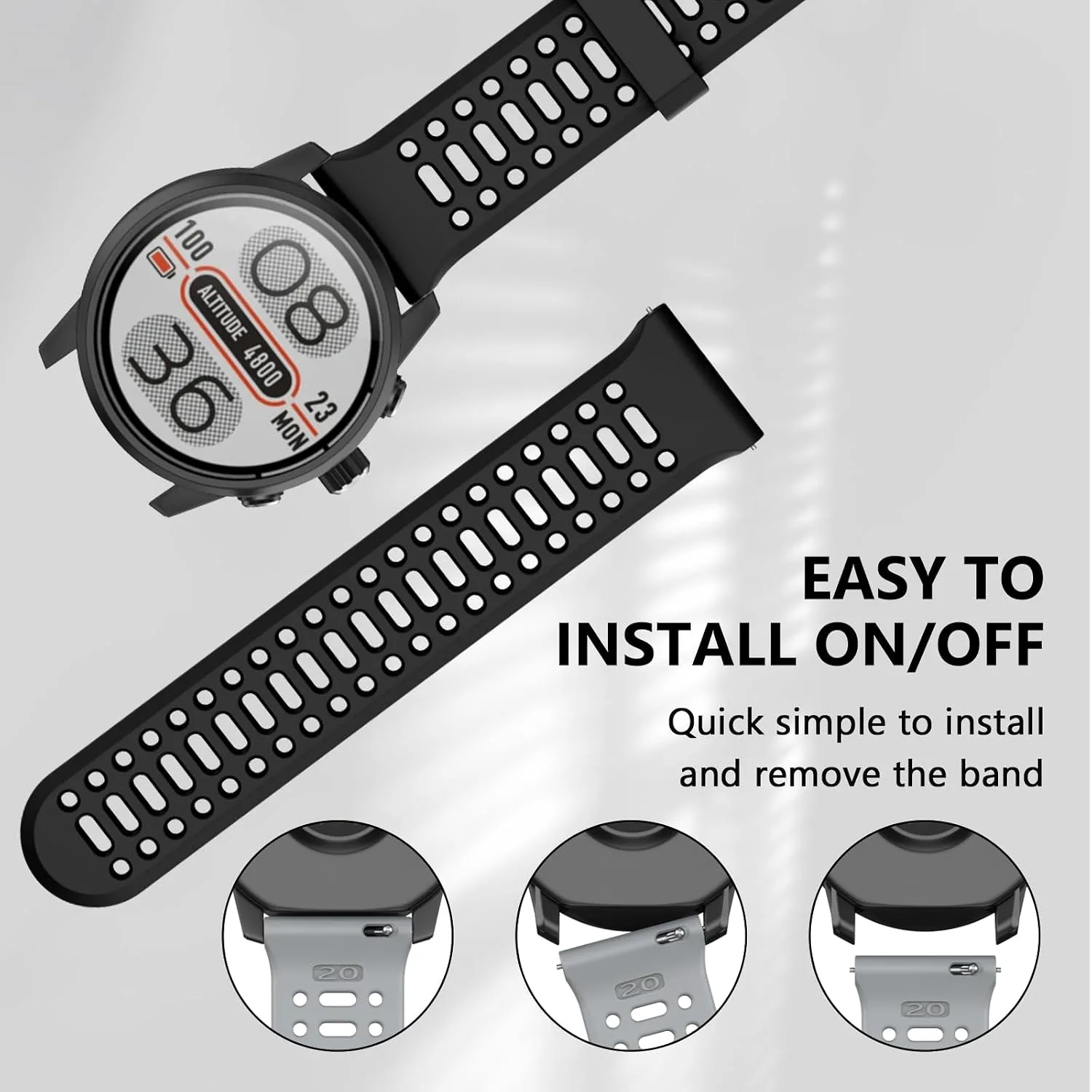 Compatible with Coros Pace 2/Apex 42mm/Apex 2 Watch Bands, 20mm Quick Release Watch Band Sport Silicone Watch Strap Breathable Wristband for Women Men