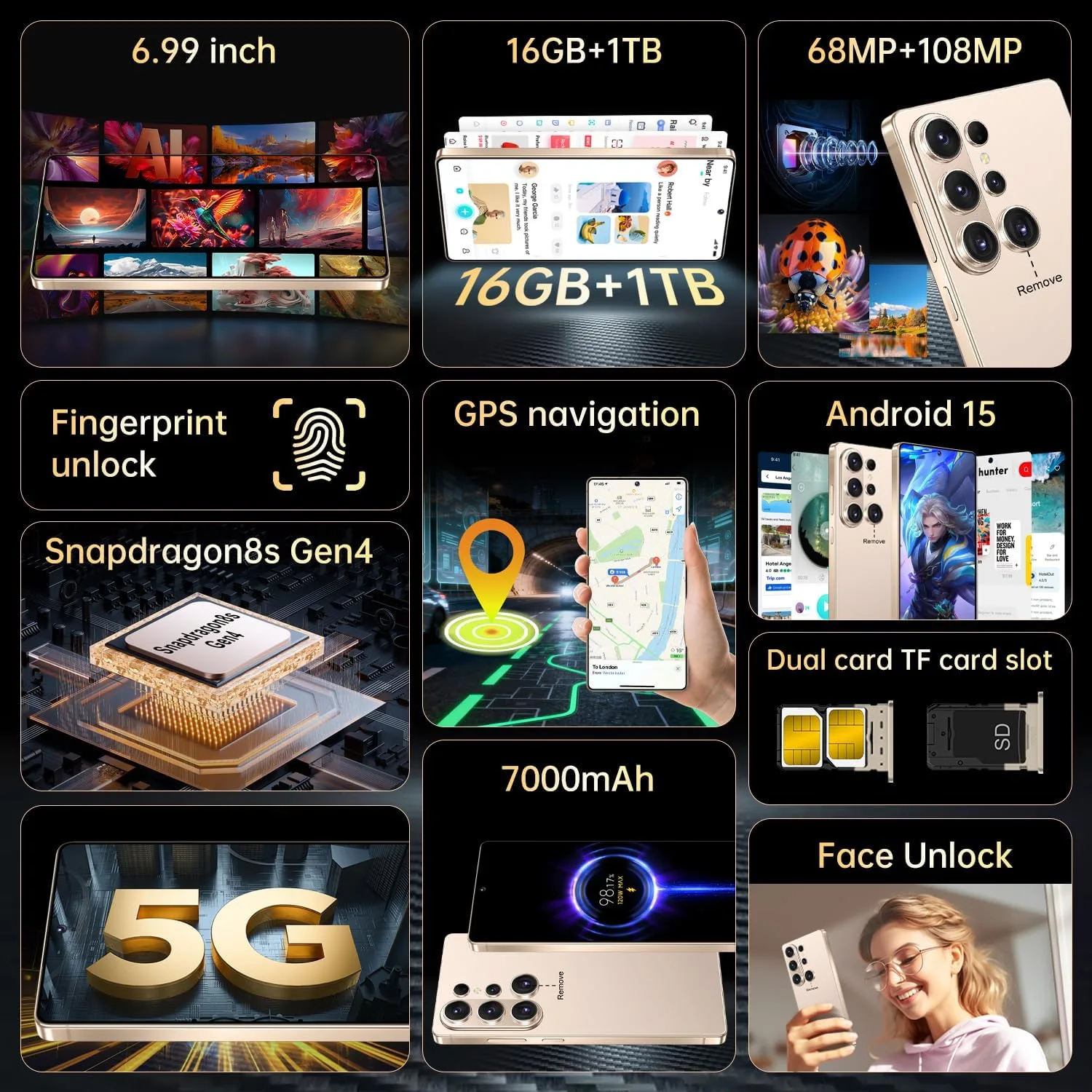 Huness 26 Ultra Unlocked Cell Phone,Built in Pen,16+1TB Unlocked Phone, Android 15 Battery 7000mAh 6.99" HD Screen Smartphone, 5G/Face ID/Fingerprint Lock/Dual SIM/GPS (Gold)
