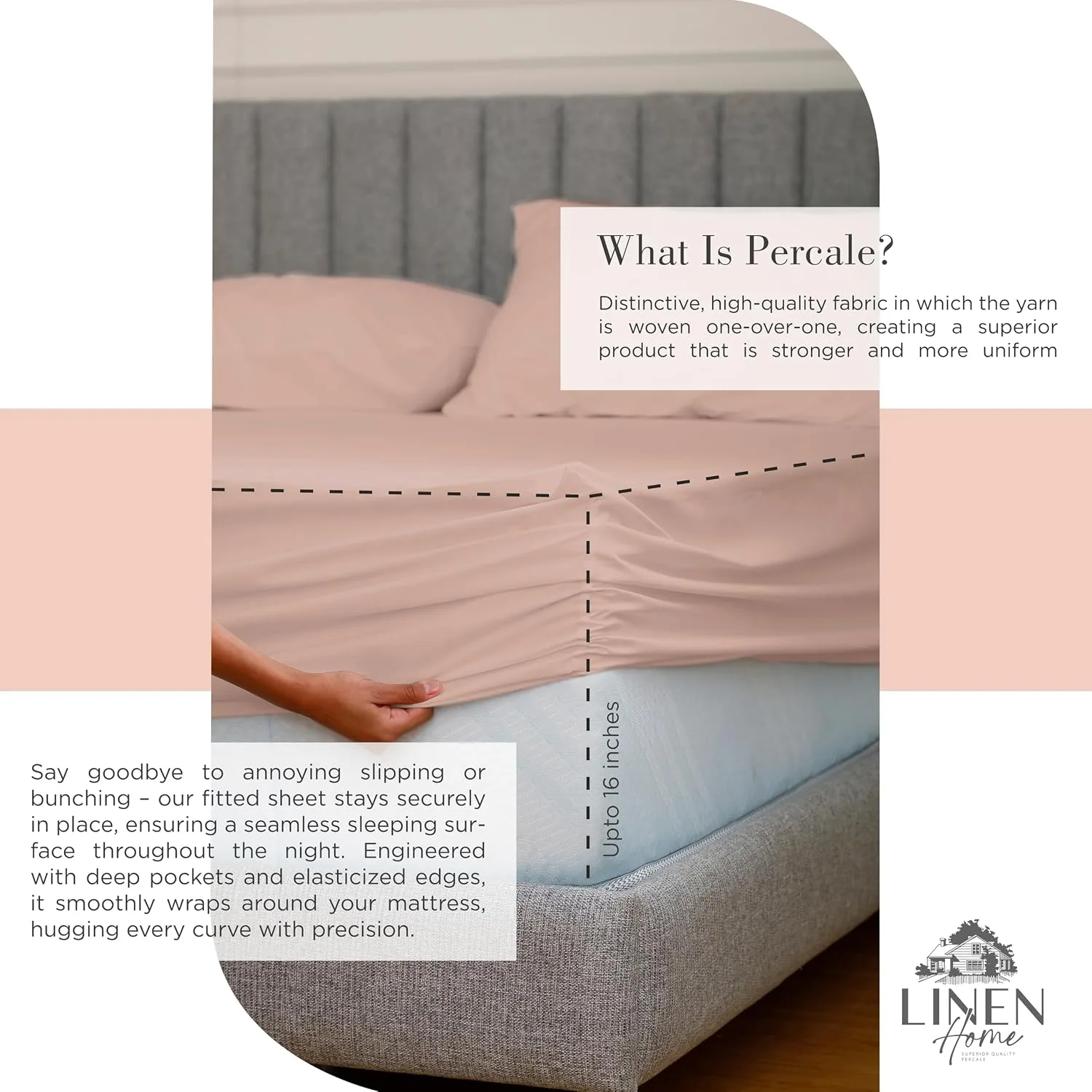 Linen Home 100% Cotton Percale King Sheets, 4Pc Cooling Set - Brushed Rose