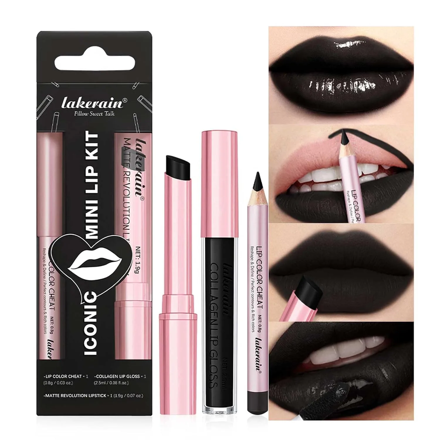 BestLand 3Pcs Lip Liner, Lipstick and Lip Gloss Set, Lip Combo Sets (Black)