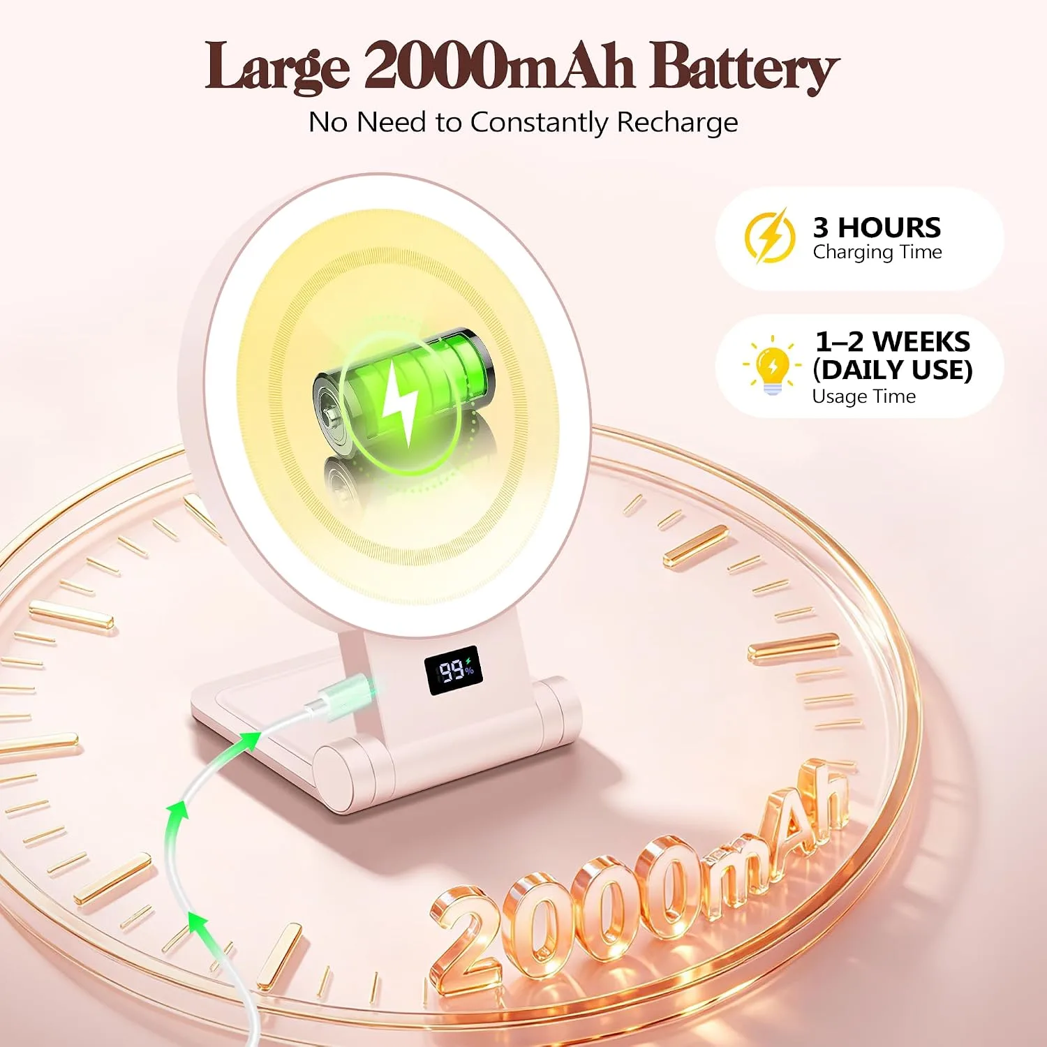 B Beauty Planet Magnifying Mirror with Light 30X, 2000mAh 1X/ 30X Makeup Mirror with Standable Base & Tweezers, 3 Color Modes with Adjustable Brightness& Smart Display, Foldable for Travel Pink