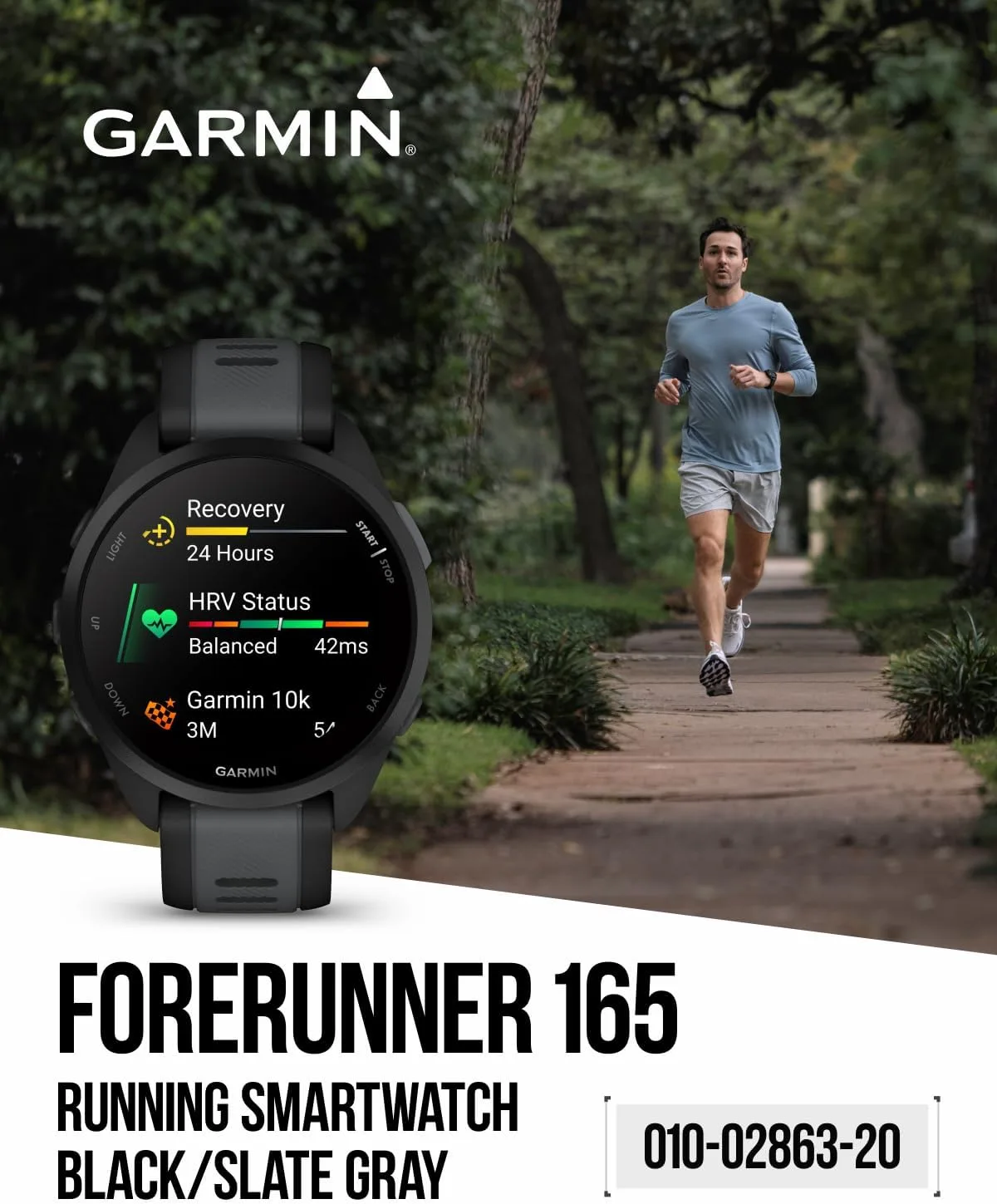 Garmin Forerunner 165 Running Smartwatch, Colorful AMOLED Touchscreen, Training Metrics and Recovery Insights Includes PowerPack, Adapters Bundle, Black/Slate Gray