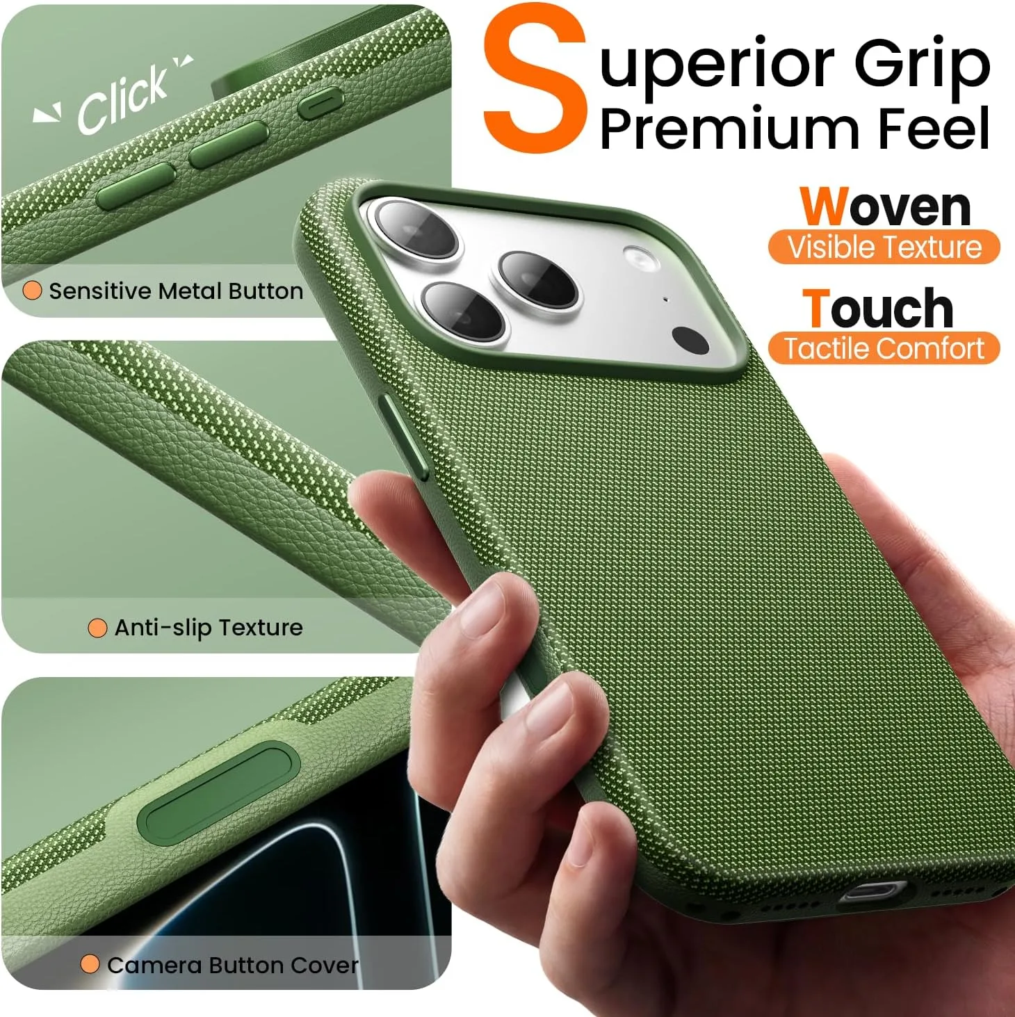 Mkeke for iPhone 17 Pro Max Case Techwoven Green, [Compatible with MagSafe] [Camera Control Cover] [Premium Tech Woven Fabric] [Drop Protection] Shockproof Skin-Friendly