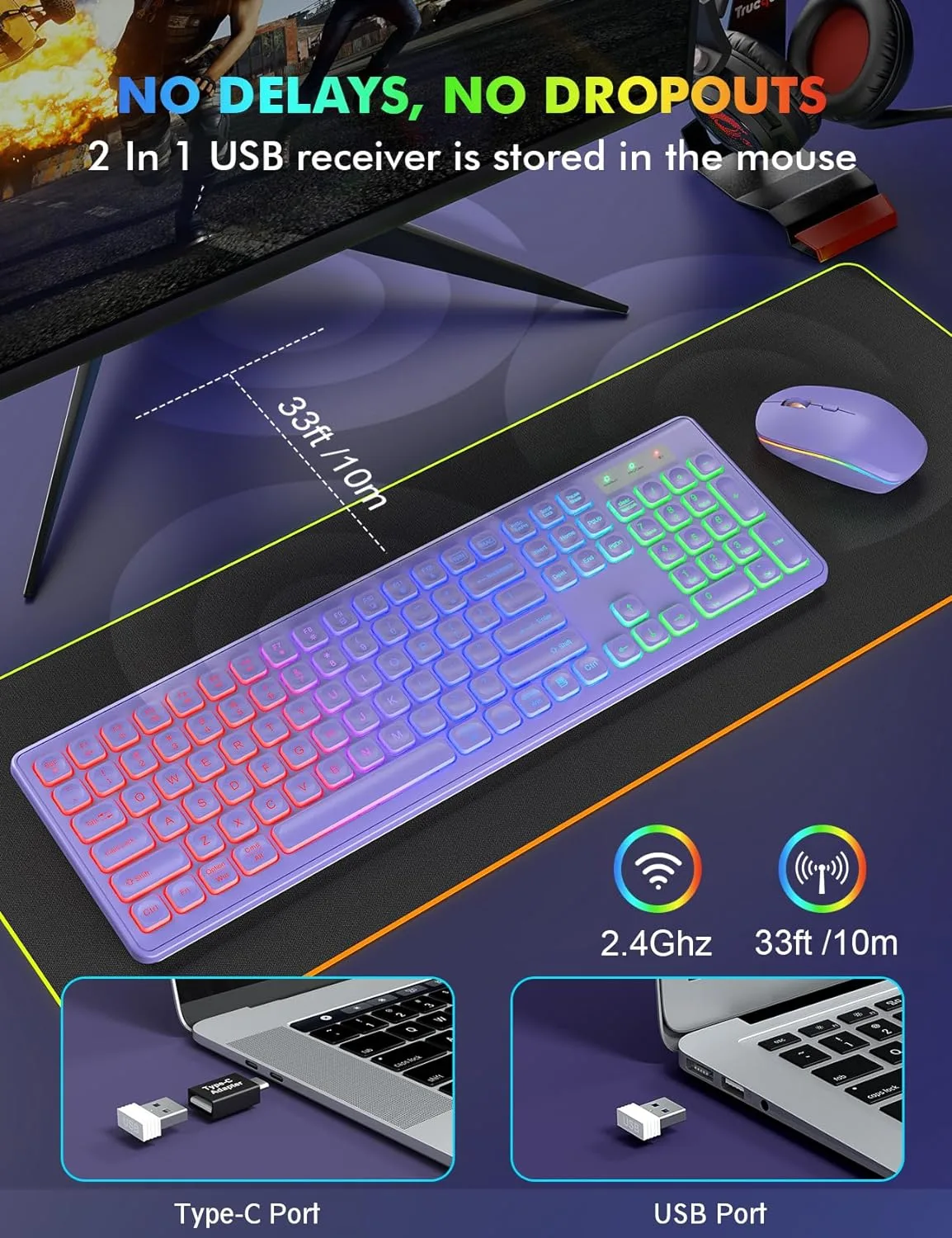 Wireless Keyboard and Mouse Combo with RGB Backlit, Rechargeable