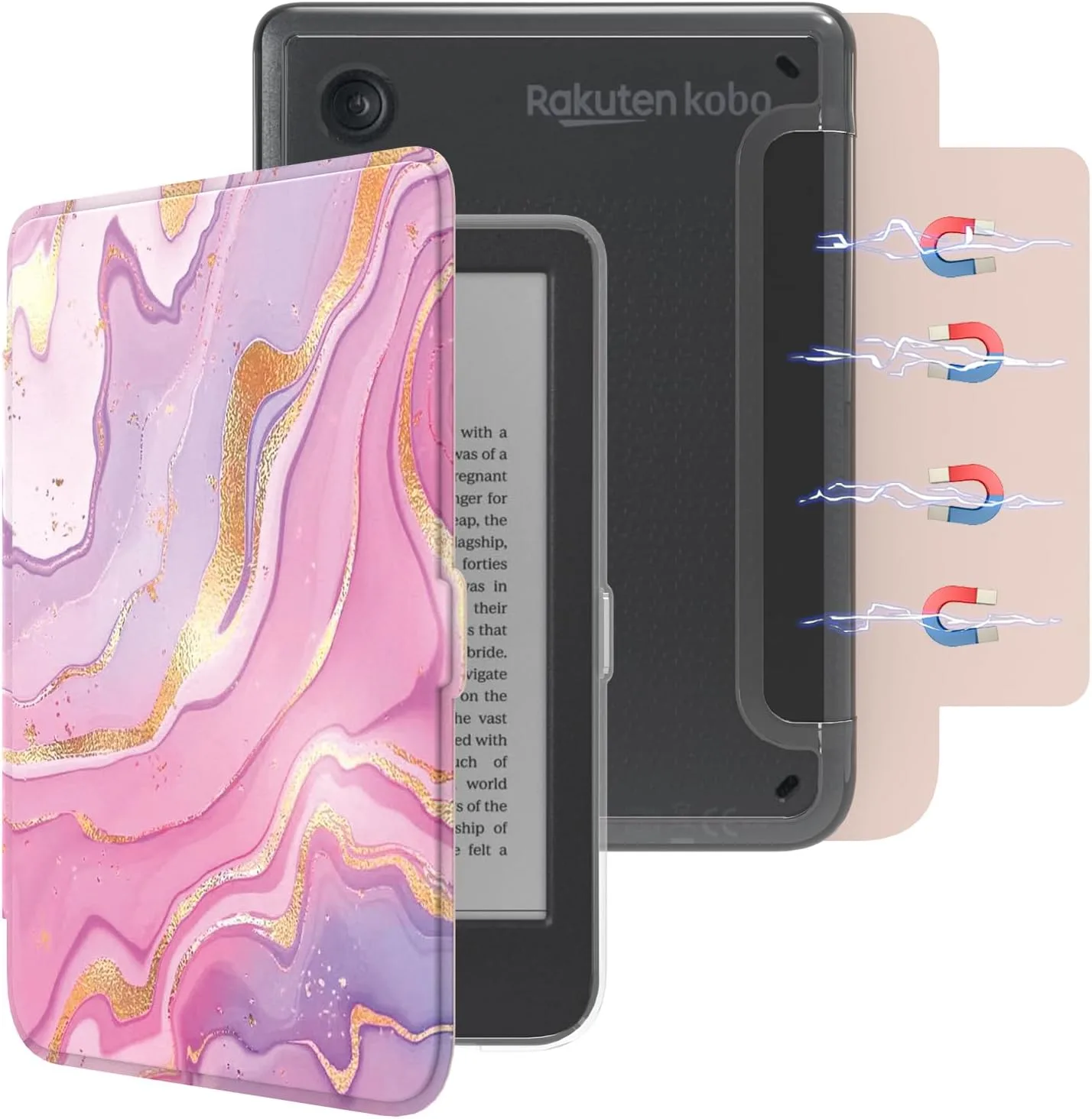 E NET-CASE Detachable Magnetic Case for 6" Kobo Clara Colour (2024) /Clara BW(2024) /2E(2022) eReader,Ultra Clear Back丨Easy to Detach & Attach丨Auto Sleep/Wake (Pink Flowing Gold)