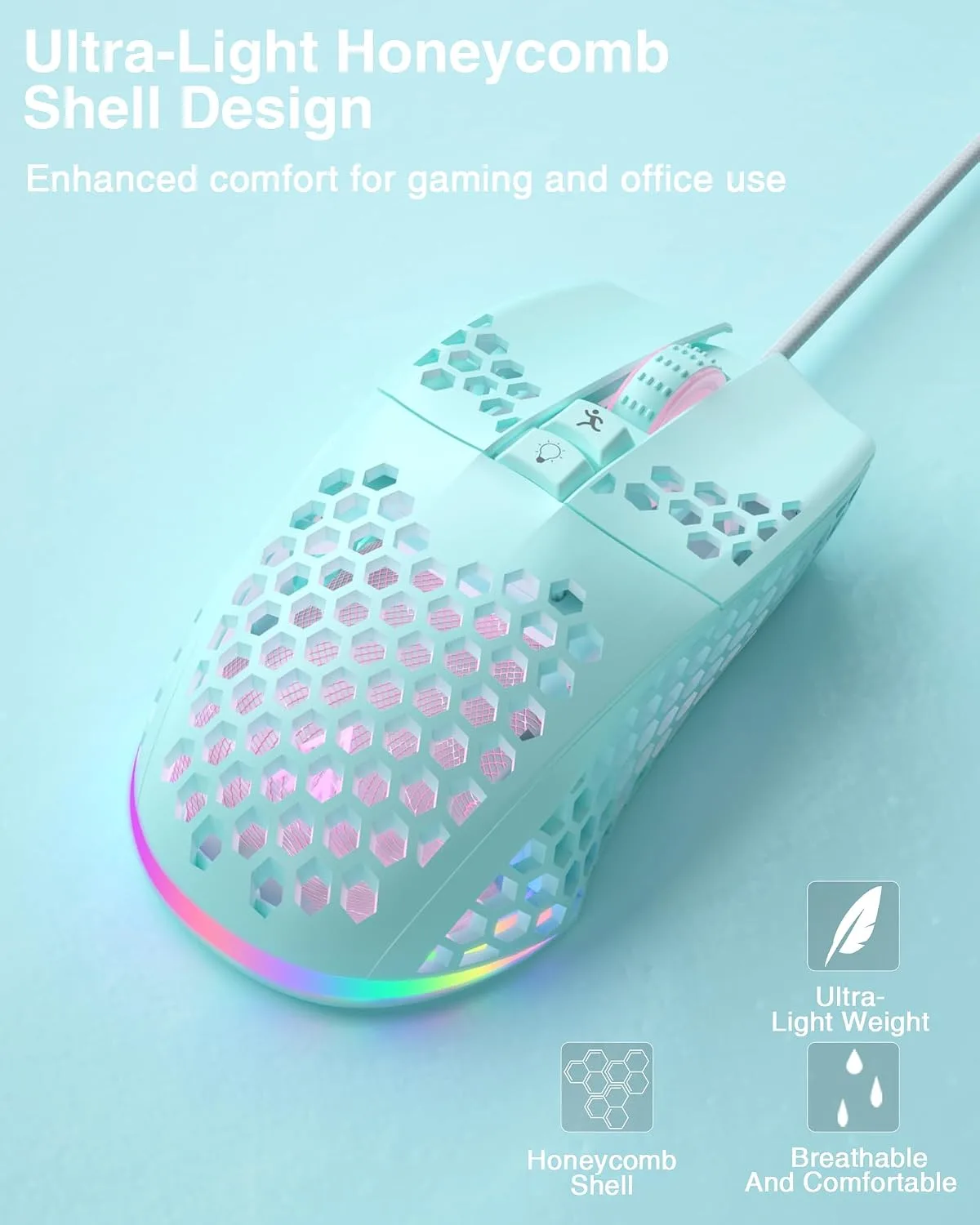 SOLAKAKA SM900 Green Wired Gaming Mouse with Honeycomb Shell,12800 DPI,7 Programmable Buttons,Lightweight Gaming Mice Ergonomic Computer Mouse Gaming for Windows/PC/Mac/Laptop Gamer