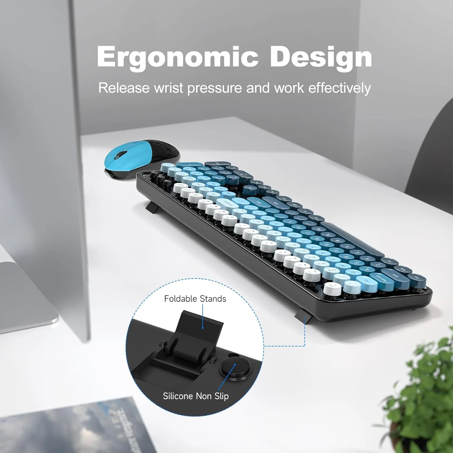 MOFII Wireless Keyboard and Mouse Combo, Full Size 2.4G Plug and Play Typewriter Retro Round Computer Keyboard and Mouse Set for Windows, Computer, Desktop, PC, Notebook - (Black Blue Gradient)