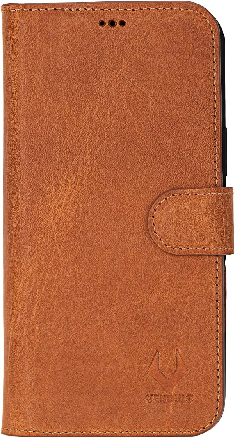 VENOULT Wallet Case for iPhone, Full Grain Genuine Turkish Leather, Magnetic Detachable, RFID 4 Card Slots, Business Style, Compatible with MagSafe (Almond, iPhone 16 Pro)