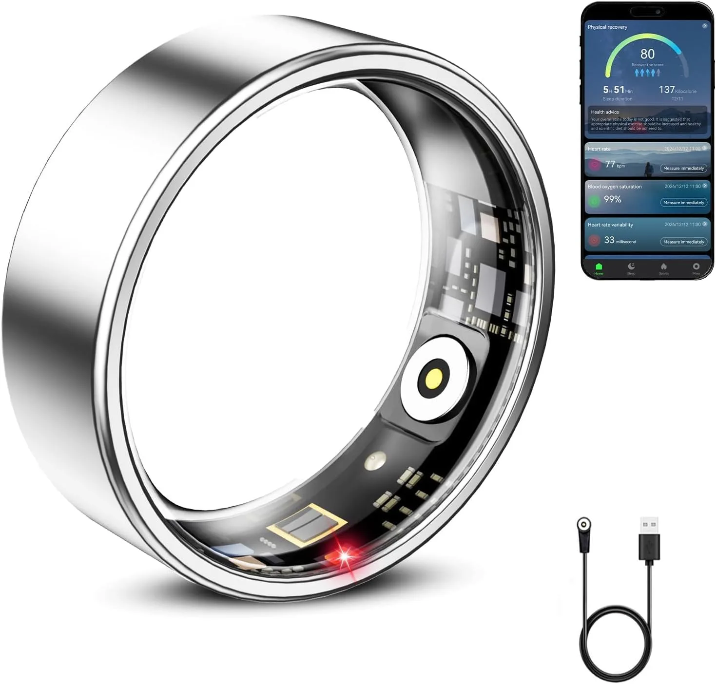 Mirlray Smart Ring for Women & Men, Smart Ring Health Tracker, Blood Oxygen & Heart Rate Monitor, Long Lasting Battery Sleep Ring, Waterproof Fitness Ring (R02C, Silver,7)