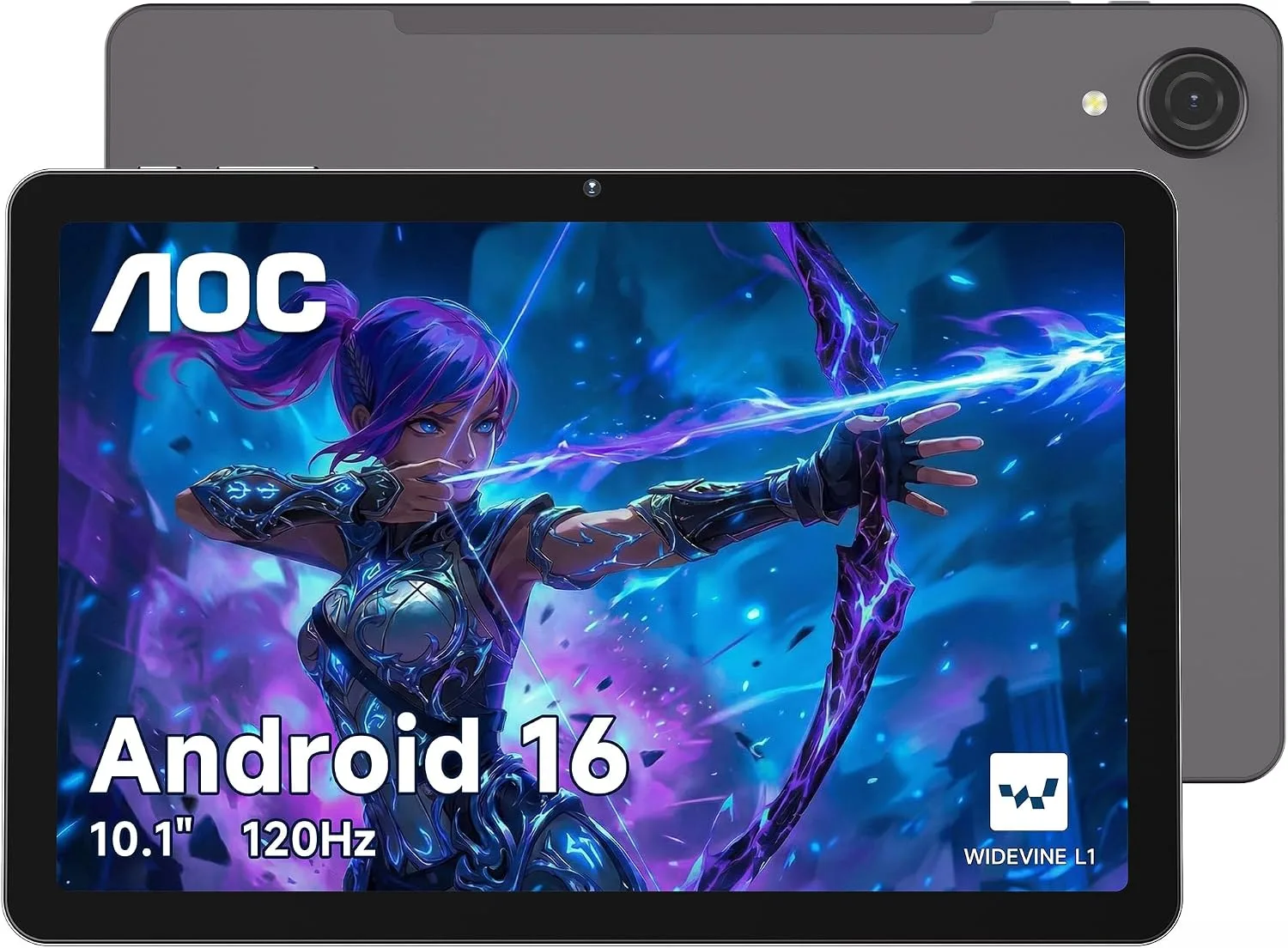 AOC 10 Inch Tablet Android 16, 120Hz IPS High Brightness HD Display, 8-Core Processor, Widevine L1 HD Streaming, 4GB RAM 128GB Storage (1TB Expand), 6000mAh Battery, WiFi, Face ID, Metal Body, Gray