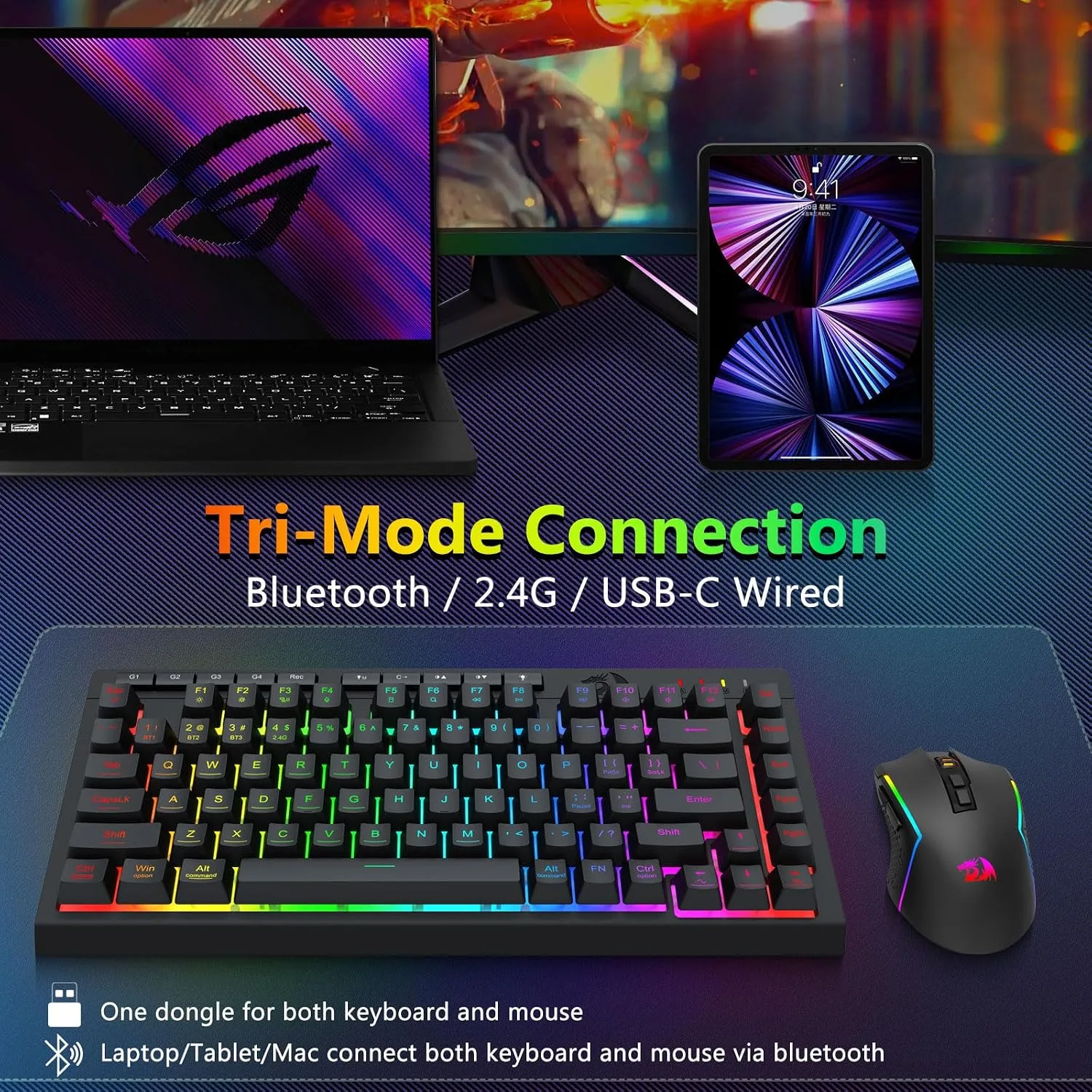 Redragon Wireless Gaming Keyboard and Mouse Combo, 75% Portable, Black