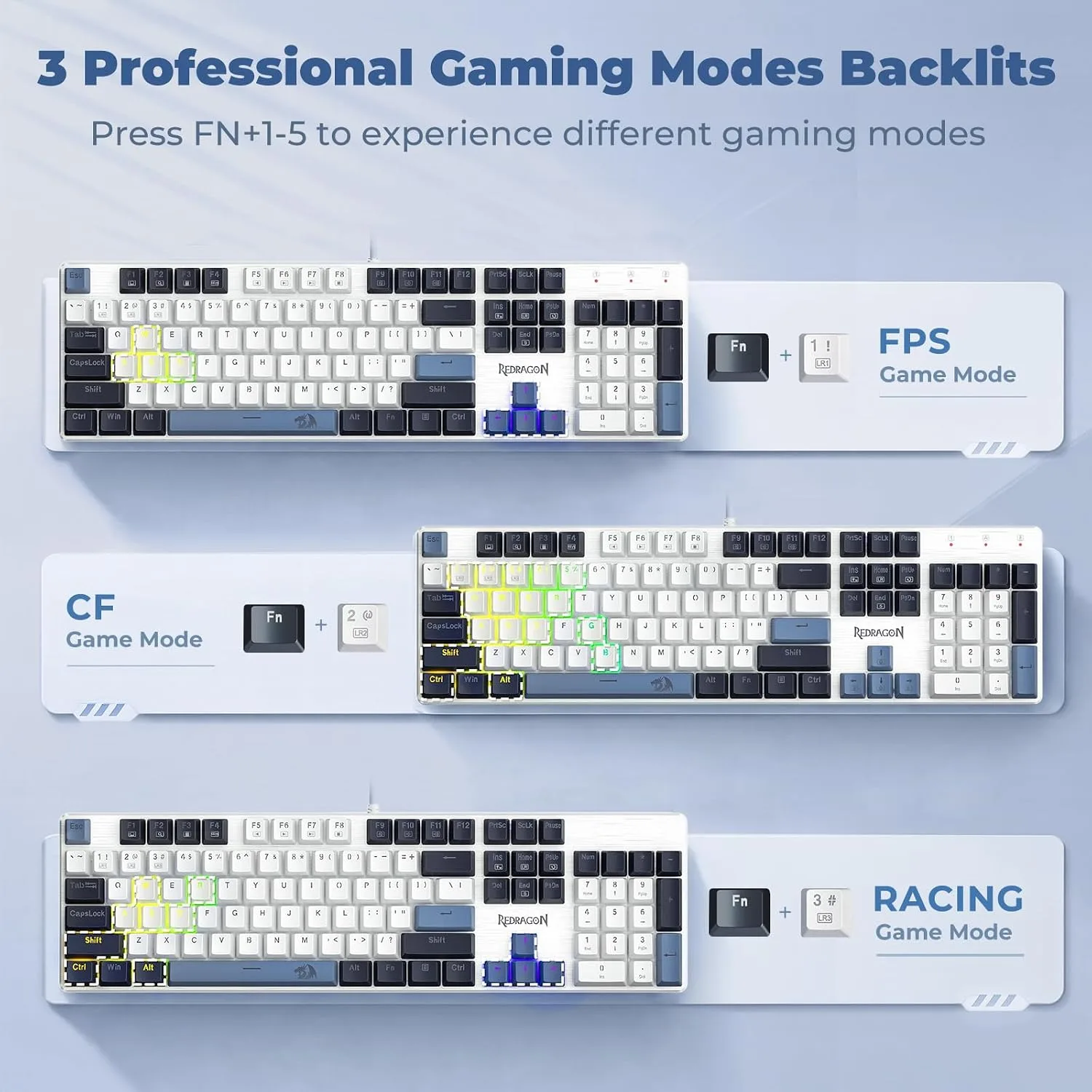 Redragon Mechanical Gaming Keyboard Wired, 11 Programmable Backlit Modes, Hot-Swappable Red Switch, Anti-Ghosting, Double-Shot PBT Keycaps, Light Up Keyboard for PC Mac, Blue