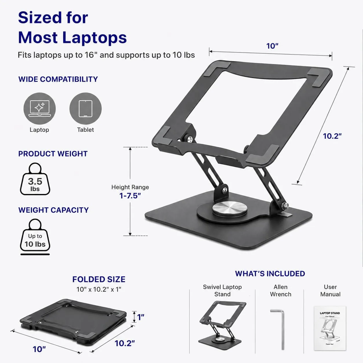 Uncaged Ergonomics Laptop Stand for Desk Riser/360° Swivel (Black)