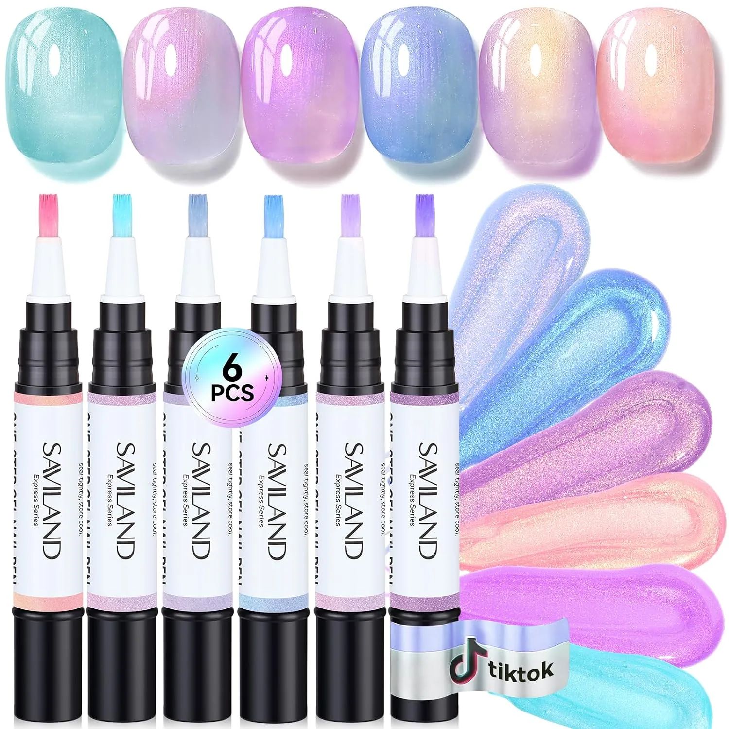 SAVILAND One-Step Gel Nail Polish Pens Set, 6 Colors Pearl Pink Blue
