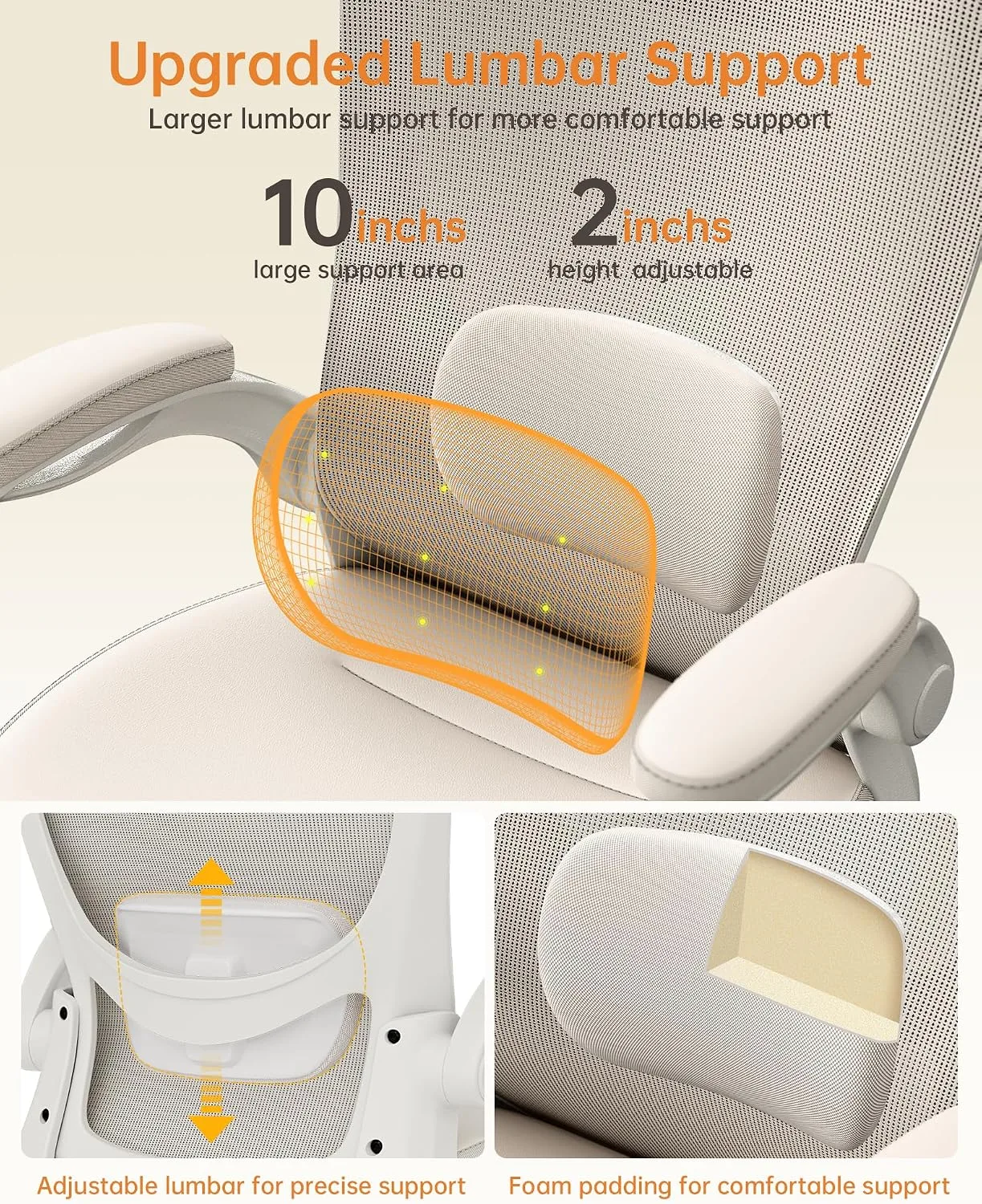 MUXX.STIL Office Chair, PU Leather Ergonomic Desk Chair with Adjustable Lumbar Support and Flip up Armrest, Breathable Mesh Computer Chair for Home Office, Khaki