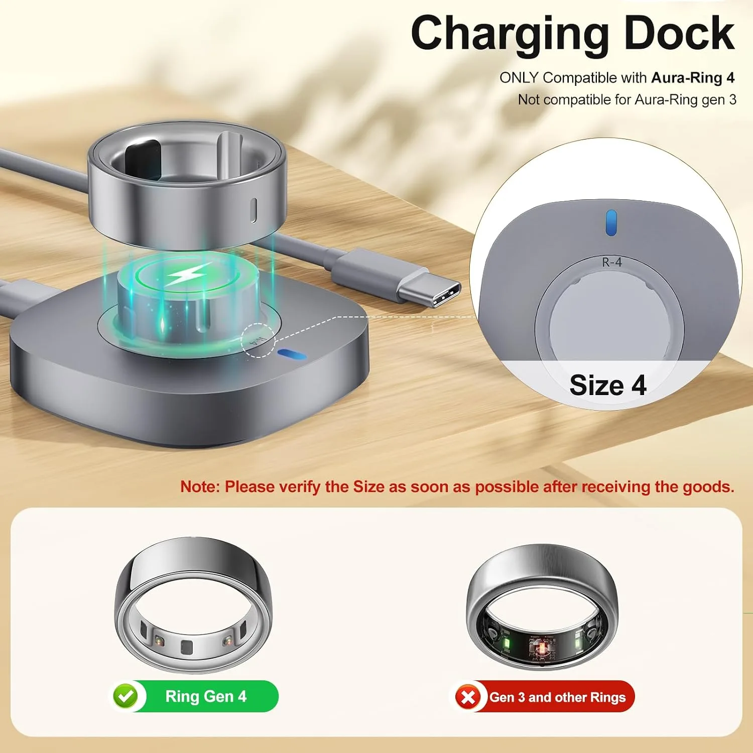 Compatible with Aura-Ring Gen 4 Charger Size 4, Safe & Fast Charging Dock