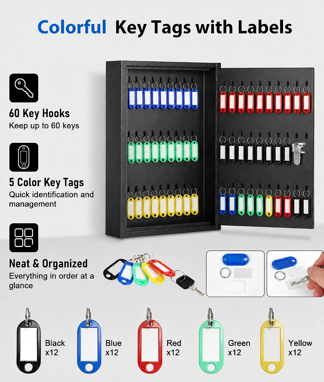 KYODOLED Key Box, 60-Key Lock Box with Key Lock, Wall Mount, Black