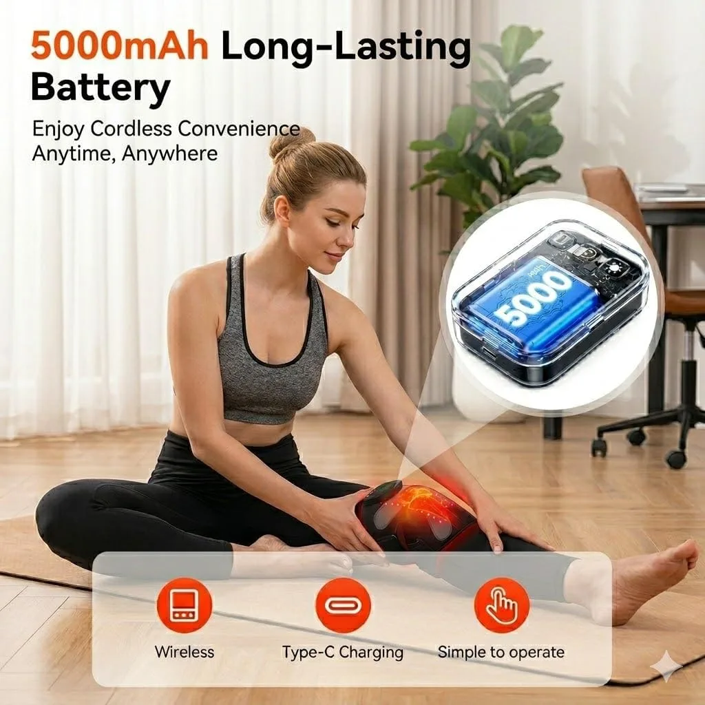 Red Light Therapy Knee Massager Device, 660nm & 850nm Infrared Heat & Vibration Cordless Knee Massager 5000mAh Rechargeable for Knee, Elbow, Shoulder Joint Massage Therapy-Black
