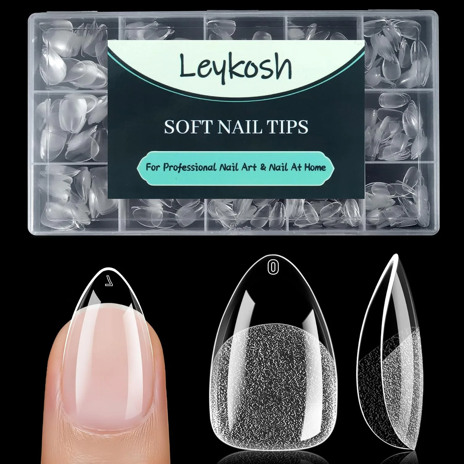 LEYKOSH Short Almond Nail Tips, 240 Pcs Clear Gel Fake Nails, 15 Sizes